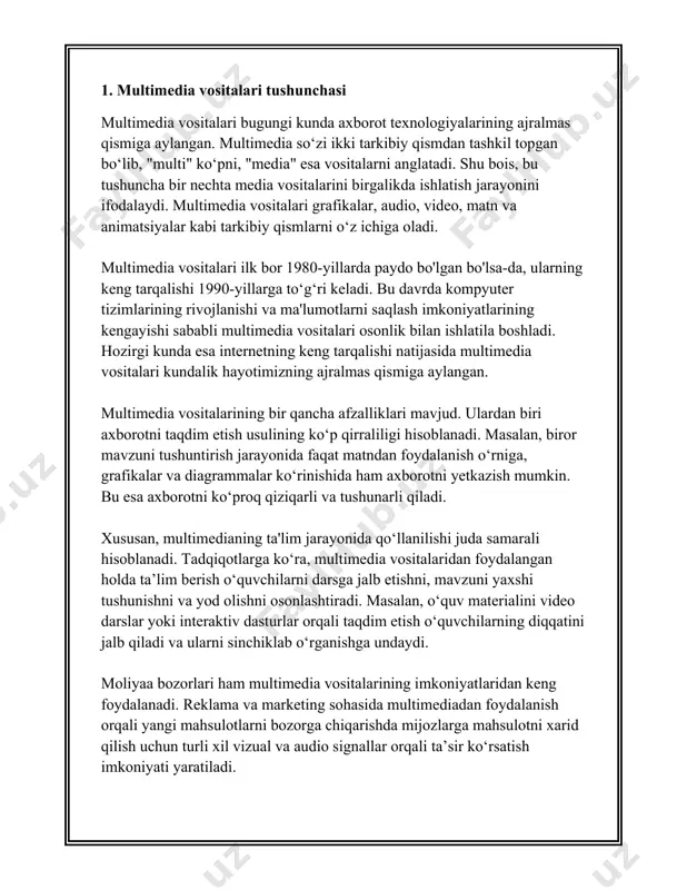 i bu sohada asosiy o‘zgarishlar qilmoqda. masalan, virtual va kengaytirilgan reallik texnologiyalari harakatga kelayotgan multimediani yaratishga qaratilgan. shu tariqa multimedia vositalari nafaqat axborot yetkazuvchi, balki yangi tajribalar yaratishga xizmat qiluvchi innovatsion texnologiyaga aylanmoqda. 2. o'qitishda multimedia vositalarining ahamiyati multimedia vositalarining ta'lim jarayonida foydalanilishi zamonaviy o‘quv tizimining ajralmas qismi hisoblanadi. o‘qitishda multimedia texnologiyalarining ahamiyatini tushunish uchun, avvalo, uning ta'rifini tushunish kerak. multimedia — bu matn, grafika, tovush, animatsiya va video materiallarni o‘z ichiga olgan axborotning kompyuter yordamida qayta ishlanadigan shakli. ushbu vositalar o‘quv jarayonini boyitib, ta'lim sifatini yaxshilashga xizmat qiladi. bir qator tadqiqotlar va statistika natijalari multimedia vositalarining ta'limdagi foydaliligini dalillaydi. masalan, 2018-yilda o'tkazilgan bir tadqiqot natijalariga ko‘ra, multimediadan foydalanish o‘quvchilar o‘zlashtirish darajasini 30% dan ortiq darajada oshirishga imkon beradi. ta'lim jarayonida interfaktiv vositalardan foydalanish bilim olish jarayonini yanada samarali qiladi. shu bilan birga, multimedia vositalari orqali berilgan ma'lumotlar o‘quvchilarda vizual va eshitish sezgilarini bir vaqtning o‘zida ishga solish imkonini beradi, …