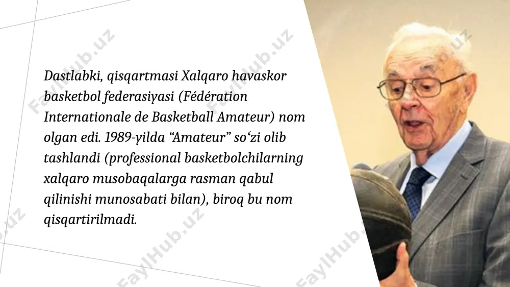 lar. ayollar jamoalari uchun birinchi jahon chempionati 1953 yilda o’tkazildi. jahon chempionati unvoniga aqsh ayollar terma jamoasi sazovor bo’ldi. jahon chempionati ayollar va erkaklar jamoasini uchun har 4 yilda 1 marotaba o’tkazilib kelinmoqda. 1950 yilning boshida basketbol o’yinning musobaqa qoidalariga qo’yidagi o’zgarishlar kiritildi:. 30 sek foydasi (bunga asosan to’pni egallab turgan jamoa 30 sek vaqt ichida raqib savatiga otish lozim); 3 sek qoidasi va jarima maydonchasining kengaytirilishi (bunga asosaan,hujumchi raqibning jarima maydonchasi ichida 3 sek dan ortiq turish taqiqlanadi); to’pni yerga urib yurishni boshladi, ko’p basketbolchining qo’lidan chiqqandan so’ng tayanch oyoqni yerdan uzishga ruxsat beriladi va hakozo. 1957 yildan sshng basketbol juda katta rivojlanish davrini boshidan kechirdi, o’sha davrda dunyoda hamdo’stlik davlatlar vakillari fiba o’tkazayotgan konegress va konferensiyalarda borib, o’yin jarayoniga ta’sir ko’rsatadigan hamma masalalarni xal qilishda faol qatnashar edilar.fiba rahbarligi ostida har yili muntazam qtkazilgan yevropa chempionlari kubogi va kubok egalari musobaqalarida juda ko’plab yevropa mamlakatlari qatnashib kelmoqdalar. hozirgi …