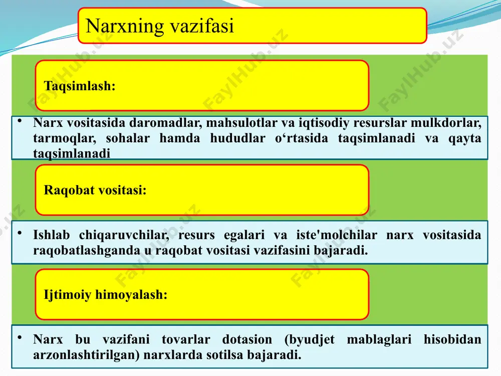 ori chegarasi belgilab quyildi. 2-bosqich (1993 yil) da ulgurji narxlarni davlat tomonidan tartibga solish to‘xtatildi. davlat tomonidan qat'iy belgilanadigan va tartibga solib turi-ladigan tovar (xizmat) lar soni ancha qisqardi. 3-bosqich (1994 yil oktyabr-noyabr)da xalq iste'mol tovarlari asosiy turlari narxlari erkin qo‘yib yuborildi, transport va kommunal xizmat-larning ta'riflari oshirildi. adabiyotlar ro’yhati jo’rayev t.,iqtisodiyot nazariyasi. . darslik..-t.: «fan va texnologiya» nashr, 2018. – 512 bet. ўлмасов а., ваҳобов а.в. иқтисодиёт назарияси. дарслик. – т.: «iqtisod- moliya», 2018. – 480 бет. jo’rayevt.,iqtisodiyotnazariyasi. о’quvqo’llanma. .-t.: «fanvatexnologiya» nashr, 2017. – 638 bet в. ф.максимова [и др.] экономическая теория:учебник для бакалавров /; под общей редакцией в. ф. максимовой. – москва: издательство юрайт, 2019. – 580 с toshmatovsh, asatullaevx, allaberganovz. darslik. t.: iqtisodiy ta’limotlar tarihi« iqtisod-moliya», 2018. – 341 bet. г. е. алпатов [и др.]. экономическая теория : учебник и практикум для бакалавриата и специалитета / под редакцией г. е. алпатова. – москва: издательство юрайт, 2018. – …
