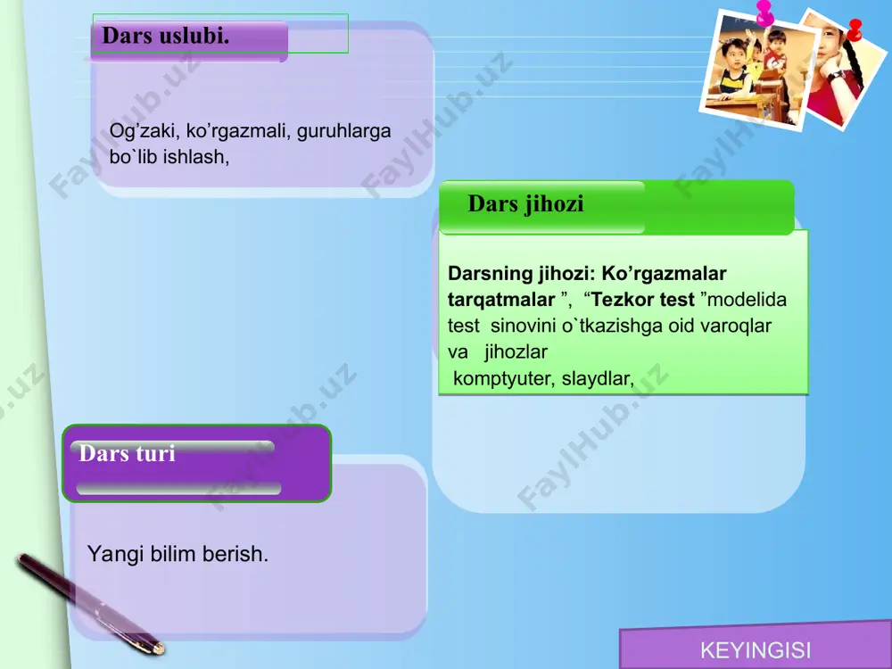 energiya atf hisobiga hosil bo’ladi . yugurish tamomlangach kuchli nafas olasiz –ana shu vaqtda uglevodlar va boshqa moddalar kislarod ishtirokida parchalanib atf zahirasi o’z o’rniga keladi. www.themegallery.com atf ning kimyoviy tarkibi adenin riboza uchta fosfat kislota www.themegallery.com x u l o s a demak atf barcha hujayralarning universal energiya zaxirasi bo’lib hisoblanadi atf hujyrada fosforlanish reaksiyasi natijasida hosil bo’ladi. adf +h3po4 +40 kj= atf +h2o atf sintezi uchun kerak bo’ladigan energiya hujayrada organic moddalarning parchalanishidan hosil bo’ladi. bu energiya atf ning kimyoviy bog’larida saqlanadi.demak energiya almashinuvi hayotimizni boshqarishda muhim ro’l o’ynaydi. www.themegallery.com keyingisi dars yakuni darsni yakunlash, xulosalash. o’quvchilarni baholash uyga vazifa topshirish o’quvchilarga sog’liq tilab xayrlashish. www.themegallery.com e`tiboringiz uchun rahmat!