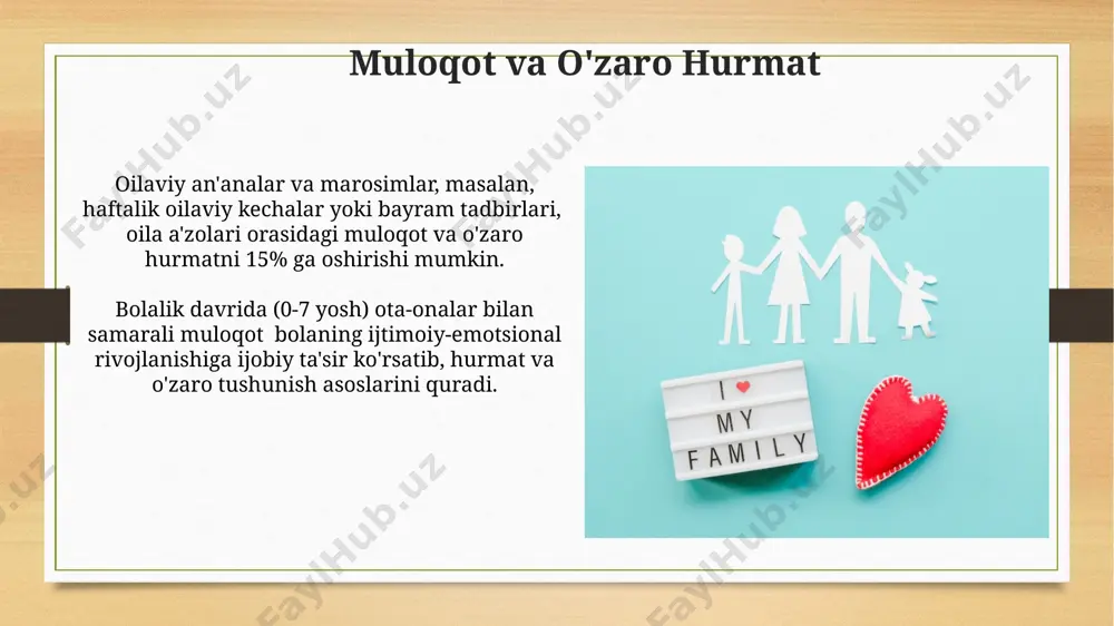 i, bu esa uning kelajakdagi qadriyatlar tizimini shakllantiradi. millat va madaniyat oilada kamida 2 avlodning o'zaro ta'siri orqali milliy va madaniy qadriyatlarning uzluksizligi ta'minlanadi, bu esa madaniy merosimizning saqlanishi va rivojlanishiga hissa qo'shadi. oilaviy ta'lim va tarbiyaning samaradorligi millatning kelajagi va madaniy taraqqiyoti uchun muhim ahamiyatga ega bo'lib, 100 yildan ortiq davom etgan urf-odatlarni saqlashga yordam beradi. farzand tarbiyasi farzand tarbiyasi metodikasi, ijobiy mustahkamlash (10 ta ijobiy fikr 1 ta tanqidga nisbati) va bolaning qiziqishlaridan kelib chiqqan holda o'yinli usullarni qo'llashni o'z ichiga oladi. oilaviy ta'limda 4 ta asosiy omil: muhabbat, hurmat, intizom va mas'uliyat hissiyotlarini tarbiyalash, bolaning axloqiy-ma'naviy kamol topishiga hissa qo'shadi. e'tiboringiz uchun rahmat @taqdimot_robot image7.jpg image8.jpg image9.jpg image10.jpg image11.jpg image12.jpg image13.jpg image14.jpg image15.jpg image16.jpg image17.jpg image18.jpg image3.png image4.png