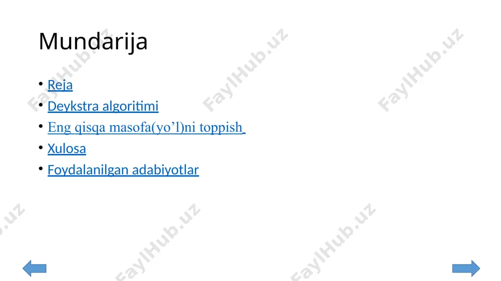 hak meshidagi geodezial masofani hisoblaydigan uzluksiz versiyasidir deykstra haqiqiy algoritmining funksiyalari turli modifikatsiyalar bilan kengaytirilishi mumkin. masalan, ba'zida matematik jihatdan maqbul bo'lmagan yechimlarni taqdim etish maqsadga muvofiqdir. kamdan-kamroq optimal yechimlar topilgan ro'yxatini olish uchun maqbul yechim avval hisoblab chiqilgan. optimal graf chizmasida ko'rinadigan bitta qirrali grafadan chiqariladi va bu yangi grafikka optimal yechim hisoblanadi. dastlabki graf chizmasida har bir qirrasi o'z navbatida bekor qilinadi va yangi qisqa yo'l aniqlanadi. keyinchalik, ikkilamchi graf chizmasida birinchi optimal graf chizmasida baholanadi va taqdim etiladi. deykstraning algoritmi, odatda, ulanish-davlat marshrutlash protokollari, ospf va is-is eng keng tarqalgan bo'lib turadigan ish printsipi hisoblanadi. deykstra algoritmidan farqli o'laroq, bellman-ford algoritmi gorizontal manba vertolyotidan salbiy siklga ega bo'lmasa, salbiy qirrali grafika bilan ishlatilishi mumkin. bunday aylanishlarning mavjudligi eng kichik yo'l yo'qligini anglatadi, chunki har bir siklda aylanish jarayonida umumiy og'irlik pastga aylanadi. deykstra algoritmini salbiy og'irlik chekkalarini bellman-ford algoritmiga (salbiy qirralarni olib tashlash va salbiy davrlarni aniqlash) …