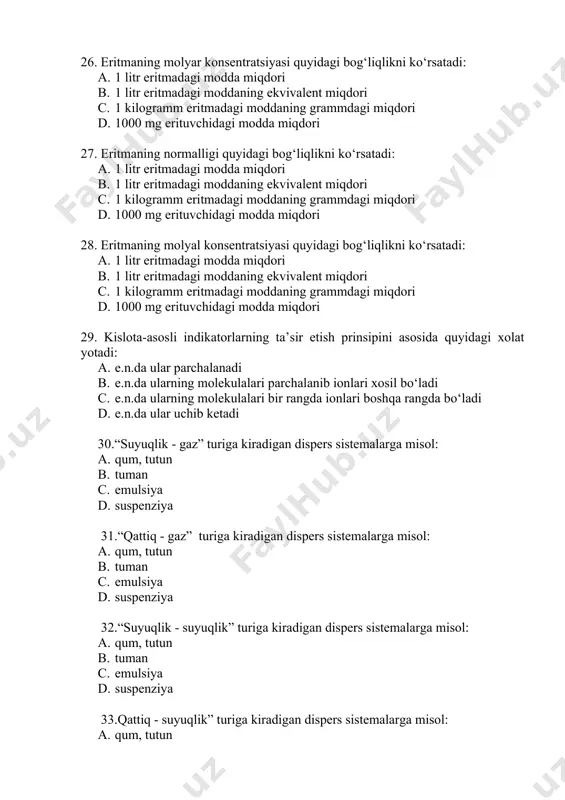 h3)6)]so4 40. quyida keltirilgan birikmalardan qaysilari amminokompleks hisoblanadi? a. [cu(nh3)4]so4 b. [al(h2o)6]cl3 c. na[zn(oh)3] d. [ni((h2o)6)]so4 41. quyida keltirilgan birikmalardan qaysilari asidokompleks hisoblanadi? a. k2[ptcl4] b. [al(h2o)6]cl3 c. na[zn(oh)3] d. [cu(nh3)4]so4 42. neytral eritmalarda h+ ionlarining konsentrasiyasi teng: a. 10 -7 b. 10 -14 c. 10 -1 d. 10 -9 43.arteriya qon plazmasida ph qiymati teng: a. 7.4 b. 5 – 8 c. 6.9 d. 6.4 44. siydikning ph qiymati teng: a. 5 – 8 b. 6.9 c. 7.4 d. 6.4 45.к4[fe(сn)6] dagi markaziy atomning zaryadini toping a. +2 b. -2 c. +4 d. +6 46. koordinatsion son – bu …………….. ligandlar soni a. to’g'ridan-to’g'ri markaziy atom bilan bog’langan b. to’g'ridan-to’g'ri markaziy atom bilan bog’lanmagan c. tashqi sfera bilan bog'langan d. ichki sfera bilan bog'langan 47. [pt(nh3)4]cl2 qanday kompleks birikma turiga kiradi a. kationli b. anionli c. neytral d. manfiy 48. ushbu kompleks к2[ptcl4] qanday kompleks hisoblanadi a. anionli b. …