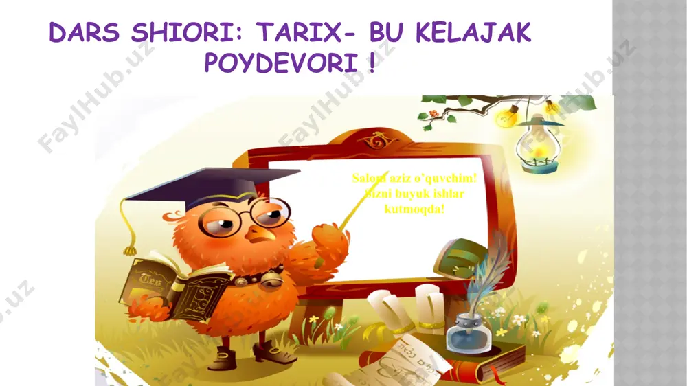da yangi diniy ta’limot paygambariga aylangan. “paygambar”so’zining ma’nosi “ezgu amallar haqida habar beruvchidir. mil.avv. 1-ming yillikda o’rta osiyoda zardushtiylik degan din keng tarqala boshladi. zardushtiylar olov, suv, tuproq hamda yulduzlarga sig’inishgan “zardushtiylik” so’zi ham zar dusht (turli tillarda zaratushtra ,zaroastr) ismidan kelib chiqqan u mil.avv. 1-mingyillikda yashab o’tgan shaxs. zardushtiylikning vujudga kelish tarixi. xudo ahuramazda 8 “avesto “ o’zbek tilida “qat’iy o’rnatilgan qonun qoidalar “ degan ma’noni anglatadi. “avesto” 2700 yil avval xorazmda yaratilgan zardushtiylik dining muqaddas kitobi “avesto” deb ataladi.kitobda ahuramazda (“donishmand”,”yuksak”, “daholi”) dunyoni yaratgan xudo deb e’tirof etilgan. eron ahamoniylari podshosi doro iii davrida “avesto” 12 ming qoramol terisiga tilla bilan yozildi va xazinada saqlandi.keyinchalik makedoniyalik aleksandrning bosqinchilik yurishlari chog’ida uning katta qismi yoqib yuborildi.astranomiya va tibbiyot ilmlarga oid qismlari esa yunon tiliga tarjima qilindi. “avesto” o’rta osiyo ,birinchi navbatda o’zbekistonning o’tmish tarixi,ajdodlarimizning e’tiqodi, urf-odatlari haqida eng qadimgi yozma manba sifatida o’rganiladi. zardusht va’zlari matnlarning hammasi miloddan avvalgi …