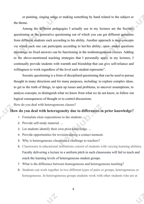 dents. ... 2. provide self-study material. ... 3. let students identify their own prior knowledge. ... 4. provide opportunities for revision during a contact moment. 5. why is heterogeneous classroom a challenge to teachers? 6. classrooms in educational institutions consist of students with varying learning abilities. faculty delivering a lecture in a uniform pitch in such classrooms will fail to teach and reach the learning levels of heterogeneous student groups. 7. what is the difference between homogeneous and heterogeneous teaching? 8. students can work together in two different types of pairs or groups, heterogeneous or homogeneous. in heterogeneous groups students work with other students who are at different reading levels than them. in a homogeneous group student's work with students who are at the same reading level that they are. how do you teach a heterogeneous class? independent work: 1. http://waucondastore.com/methods-teaching-english/ 2. www.content-english.org 3. http://www.onestopenglish.com/ 242 242 6