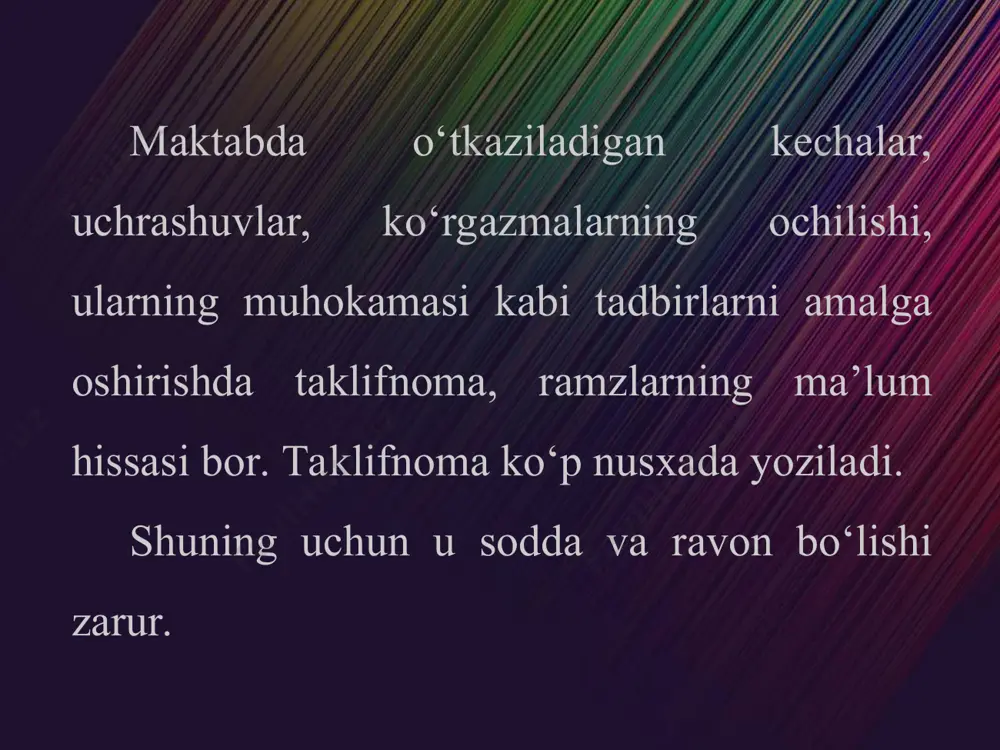 ya qilamiz. badiiy harﬂar. kitob matni yoki bo‘liml arining boshlanishidan oldin turli bezakli harﬂar va mavzuli rasmlar tasvirlanadi. bularni boshlanish bezaklar (bosh bezak) deb yuritiladi. muqova deb kitob varaqlarini birlashti ruvchi, qalin yoki yupqa bezakli qismga aytiladi. matn boshlanishida birinchi harf boshqa harﬂarga nisbatan biroz kattaroq qilib yozilishi va turli naqsh, rasm va ranglar bilan bo‘yalishi mumkin. bu ning nomi initsial deb ataladi. «initsial» – lotincha so‘z bo‘lib, lug‘aviy ma’nosi boshlang‘ich harf, deganidir. initsiallarning ko‘rinishi turlicha bo‘ladi. u boshqa harﬂ ardan o‘z rangi va shakli bilan ajralib turadi. sodda rasmlar, naqshlar, gullar bilan bezatilishi mumkin. matn tamom bo‘lgandan keyin uning tagiga so‘nggi bezaklar ishlanadi. u boshlan ish bezaklariga nisbatan kichikroq bo‘ladi. so‘nggi bezaklar sifatida turli naqshlar, gullar, ramzlar, kichik mavzuli rasmlar, oddiy chiziqchalar, har xil simvolik rasmlardan foydalaniladi. so‘nggi bezaklar matnlarga tugallik berib, varaq betini bezaydi.