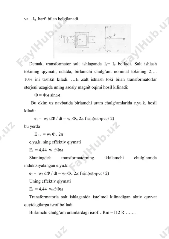 har bir ikkilamchi chulg‘amdagi tokning o‘zgarishi birlamchi chulg‘amdagi tokni o‘zga rtiradi. birlamchi chulg‘amdagi tashkaridan ta’sir etuvchi e.yu.k. birlamchi chulg‘amdagi aktiv qarshiligidagi kuchlanishning passayishi va… okimning o‘zgarishi natijasida hosil bulgan e.yu.k. ni yengishga sarf bo‘ladi: u1 = r1i1 + eq \f(dф1;dt) magnit okimning o‘zgarishi ф1(t) = eq \f(1;w1) ∫u1dt demak, sinusoidal kuchlanish (u1). da magnit oqimi ham sinusoidal konun buyicha o‘zgaradi. ikkilamchi chulg‘amda f2 okimning o‘zgarishi natijasida e.yu.k. yе2. xosil bo‘ladi. shu e.yu.k. ikkilamchi chulg‘amning aktiv qarshiligi va tashki zanjirning qarshiligidagi kuchlanishning passayishiga ketadi: - eq \f(dф2;dt) + r2i2 + u2 magnit okimlari f1 va f2. toklarga (i1 va i2) proportsional bo‘ladi: ф1 = l1i1 + m1i1 ф2 = l2i2 + m2i2 bu yerda l1 va l2 - birlamchi va mkkilamchi chulg‘amlarning induktivligi ; m1 va m2 – o‘zaro induktsiya koeffitsenti (3.8) (3.9) va (3.10) ifodalarga kura u1 = r1i1 + l1 eq \f(di1;dt) + m1 eq \f(di2;dt) , -m eq …