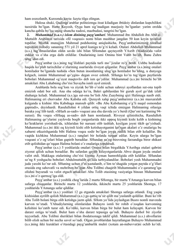 at o’choqlariga nisbatan ancha orqada qolib ketgan edilar; bu o’lkaning g’arbida qizil dengiz qirg’og’i buylab cho’zilgan hijoz xududida yashovchi arablar ijtimoiy-iqtisodiy jihatlardan birmuncha rivojlangan edilar;bunga dehqonchilik va karvon yo’llari o’tkanligi qulaylik tug’dirgan; bu yo’l orqali, yaman mamlakatidan o’tib, habashiston, hindiston bilan, suriya orqali esa misr, vizantiya, eron bilan arabistonni bog’lagan; buning natijasida hijozda aholi punktlari, karvonsaroylar, yasrib (toif) shahri barpo etilgan; vi asrda u ancha kengayib, savdo markaziga aylangan. hijozdan o’tadigan savdo yo’lidan makka ham yaqin bo’lib, asta -sekin u ham savdo markazlaridan biriga aylangan; unda yarmarka o’tkazila boshlagan; u atrofdagi qabilalarga, boshka shaxarlarga qaraganda, yarim orol markazida joylashganligi, zam-zam bulog’i borligi uchun yaqinrok, kuchliroq taosir eta boshlagan; arab qabilalari majo’ziylikning bir turi bo’lgan fetishizmga siginib makka, xususan undagi kaba ularning diniy markazlariga aylangan. ular bu shaxarga savdoga kelib o’z sanamlarini ham ziyorat kilib ketib turganlar. xulosa shuki, islomning paydo bo’lishi arafasida arabiston yarim orolidagi ijtimoiy- iktisodiy sharoitlar hali ancha …