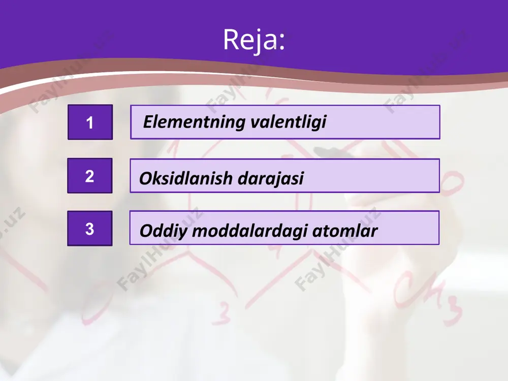 dlanish darajasini aniqlash mumkin. elementning eng yuqori oksidlanish darajasi uning davriy sistemada joylashgan guruh raqamiga teng. metallmaslarning vodorod bilan birikmalarida oksidlanish darajalari –4 dan (iv guruh elementlari) –1 gacha (vii guruh elementlari) o‘zgaradi. bu metallmas atomi vodorod atomlaridan tortib oladigan elektronlar soni bilan aniqlanadi image2.jpg image3.jpeg image4.jpeg image5.jpeg image6.jpeg image7.jpeg image8.gif image9.png image10.jpeg image11.jpeg image12.jpeg image13.jpeg image14.jpeg image15.jpeg image16.jpeg image17.jpeg image18.jpeg image19.png image20.jpeg image21.jpeg image22.jpeg image23.jpeg image24.jpeg image25.jpeg image26.jpeg image27.jpeg image1.jpg