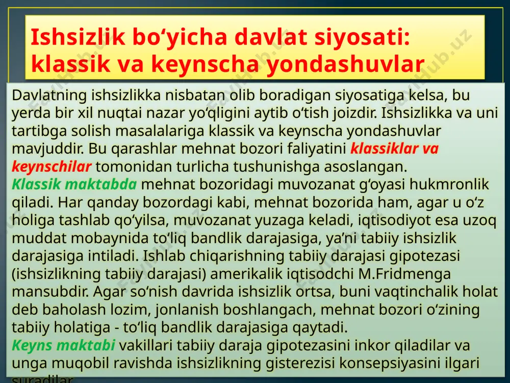 balki aholining ixtiyoridagi daromadi iste’mol va jamg‘arish dinamikasini belgilab beradi. keyns modelida jamg'arish va investitsiya haqiqiy va rejalashtirilgan xarajatlar. «keyns xochi». ishlab chikarish xajmining muvozanat darajasiga erishish mexanizmi ishlab chiqarishning kamayishi natijasida mumkin bo‘lgan yo‘qotishlarning oldini olish uchun jami talabni tartibga solib turadigan faol davlat siyosati zarur. shuning uchun ham keynsning iqtisodiy nazariyasini ko‘p hollarda jami talab nazariyasi deb yuritiladi. jami talab komponentlari, ayniqsa eng barqaror komponent bo‘lgan investitsiyalarning o‘zgarishi makroiqtisodiy barqarorlik sabablaridan biridir. haqiqiy investitsiyalar rejalashtirilgan va rejalashtirilmagan investitsiyalar miqdorini o‘z ichiga oladi. rejalashtirilmagan investitsiyalarga tovar — moddiy zaxiralariga (tmz) investitsiyalardagi kutilmagan o‘zgarishlar kiradi. ushbu rejalashtirilmagan investitsiyalar tenglashtiruvchi mexanizm sifatida jamg‘arma va investitsiyalar miadorining o‘zaro bir-biriga mos kelishiga olib keladi va makroiktisodiy muvozanatni ta’minlaydi. rejalashtirilgan xarajatlarga uy xo‘jaliklari, firmalar, davlat va tashqi dunyoning mahsulot va xizmatlarni sotib olishga mo‘ljallagan xarajatlari kiradi. firmalar tomonidan ishlab chiqarilgan mahsulotlarni sotishdagi kutilmagan uzgarishlar tovar moddiy zaxirasiga rejalashtirilmagan investitsiyalar qilishga olib kelsa, haqiqiyiy xarajatlar …