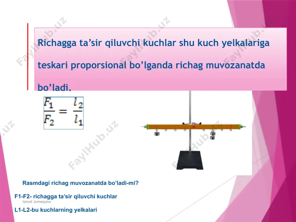 slayd: kuch momenti. richag va uning muvozanat sharti - Page 3