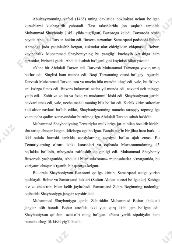 rala shayboniyxon buxoroni qo‘lga kiritib, samarqand ustiga yurish boshlaydi. bobur va samarkand beklari (sulton alidan norozi bo‘lganlar) keshga o‘z ko‘chko‘roni bilan kelib joylashadi. samarqand zuhra begimning nodonligi oqibatida shayboniyga jangsiz topshiriladi. muhammad shayboniyga qarshi zahiriddin muhammad bo​bur shiddatli janglar olib boradi. bobur atrofida ikki yuzi qirq kishi jam bo‘lgan edi. shayboniyxon qo‘shini ucht-o‘rt ming bo‘lgan. «yana yerlik sipohiydin ham muncha chog‘lik kishi yig‘ilib edi». ko‘rinadiki, shayboniy azaliy bosqinchilar udumicha ish tutib, bosib olgani joylardan qo‘shiniga askarlar olgan, qariyb yettisakkiz minglik qo‘shinga qarshi borishga jur’​at etish favqulodda hodisa edi. bobur samarqandni olishga jur’at qiladi. uning ana shu hujumi tarixiy asarlarda yuksak baholangan. shayboniy samarqandni olganidan so‘ng o‘zi shahar atrofidagi xoja diydor navohisida o‘rnashib, shaharda jonvafobiy boshchiligida olti yuz kishilik qo‘shin qoldirgan edi. bobur kutilmaganda unga qarshi hujum qilib, samarqandni egallashga muvaffaq bo‘ladi. boburning samarqandni olganligi xabari movarounnahrga yoyilib, uni ko‘pchilik viloyatlarda qo‘llabquvvatlash boshlanib ketadi. bu haqda uning o‘zi: «samarqand fathidin so‘ng …