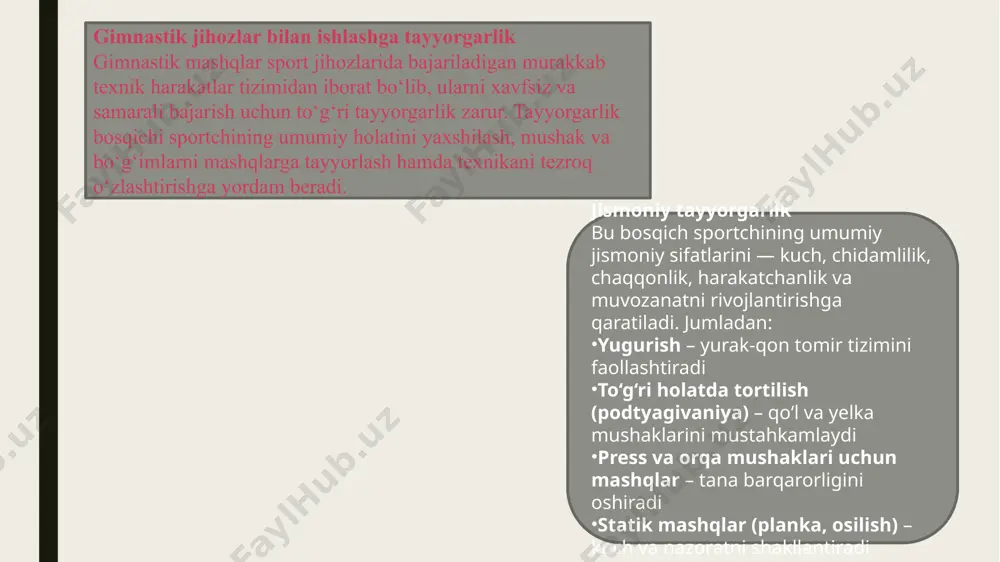 tizza va bilaklar cho‘zilish mashqlari – egiluvchanlikni oshirish (ayniqsa, bo‘yin, orqa, son va qo‘l mushaklari) psixologik tayyorgarlik gimnastik mashqlar aniqlik va ishonchni talab qiladi. shuning uchun ruhiy tayyorgarlik ham muhim: motivatsiya va diqqatni jamlash mashqlari vizualizatsiya – mashqni bajarishni oldindan tasavvur qilish qo‘rquvni yengish – ayniqsa, yangi yoki baland jihozlarda mashq bajarishda mashg‘ulot muhitini tayyorlash jihozlar mustahkamligi va xavfsizligini tekshirish yordamchi vositalar (matlar, qoplamalar) mavjudligini ta'minlash mashqlar vaqtida murabbiy nazoratini tashkil etish xulosa to‘g‘ri va tizimli tayyorgarlik gimnastika mashg‘ulotlarining sifatini oshiradi, sportchini jarohatdan himoya qiladi va texnikani o‘zlashtirishda muhim rol o‘ynaydi. har bir bosqich, xoh u jismoniy, xoh ruhiy bo‘lsin, mashqni xavfsiz va muvaffaqiyatli bajarish uchun xizmat qiladi. asosiy mashqlarni o‘rganish va takomillashtirish gimnastikada asosiy mashqlar sport jihozlarida bajariladigan, texnik jihatdan aniqlik va muvozanat talab qiladigan harakatlardan iborat. mashqlarni o‘rganish va takomillashtirish bosqichma-bosqich olib boriladi va murabbiyning kuzatuvi ostida bajariladi. mashqlarni bosqichma-bosqich o‘rganish mashqni to‘g‘ri o‘rganish uchun uni qismlarga bo‘lib, …