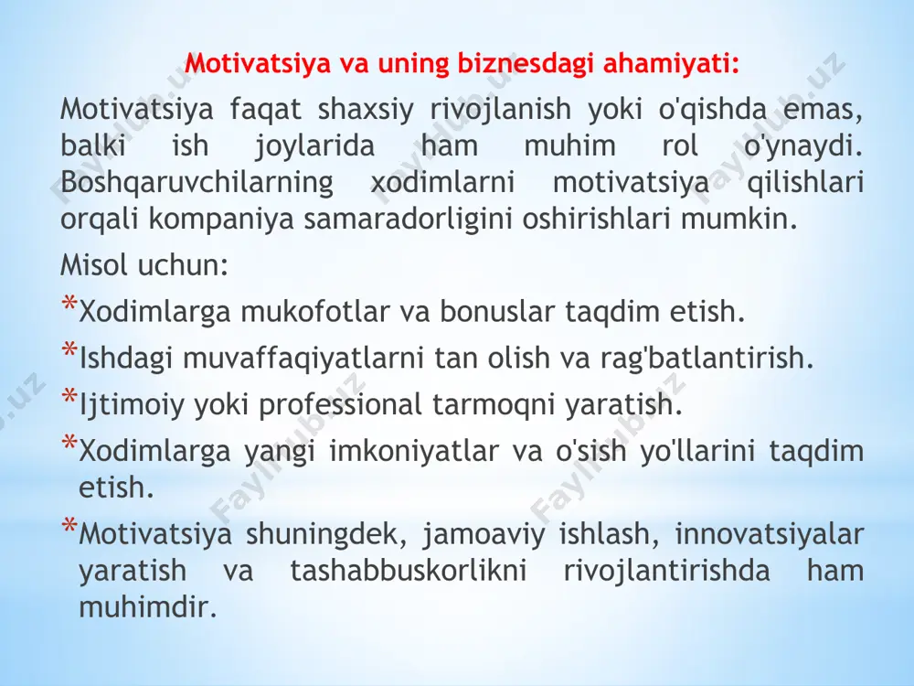 rdam berish ularning motivatsiyasini kuchaytiradi. masalan, ish va shaxsiy hayot balansini saqlash, sog'liqni saqlash va boshqa ehtiyojlarga e'tibor berish samaradorlikni oshiradi. xulosa. umuman olganda, motivlashtirish – bu har bir odamning hayotidagi muvaffaqiyatga intilish, o‘z imkoniyatlarini kengaytirish va ichki potentsialini to‘liq ochish uchun zarur bo‘lgan muhim qadamdir. motivlashtirish odamlarning xulq-atvorini, ishga bo‘lgan qarashlarini va maqsadlarini shakllantiradi. insonni maqsadga erishishga undaydigan, faoliyatni amalga oshirishga rag'batlantiradigan ichki yoki tashqi kuchdir. shunday qilib, motivatsiya har bir insonning o'z maqsadlariga erishish yo'lida kerakli kuchni va energiyani yaratishga yordam beradi. /docprops/thumbnail.jpeg