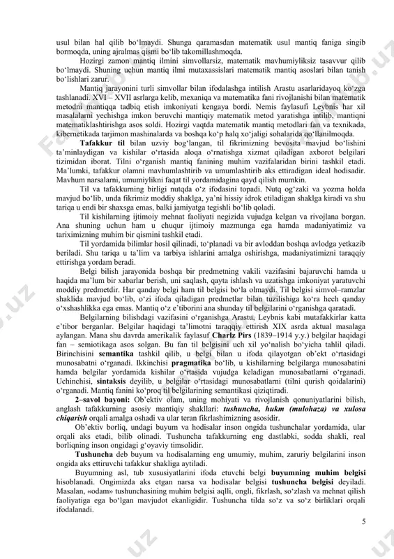 stotel kashf etib, fanga kiritgan edi. to‘rtinchi, ya’ni yetarli asos qonunini g. v. leybnis asoslab bergan edi. ayniyat qonuniga binoan, har bir tushuncha, hukm va xulosa konkret, muayyan, barqaror mazmunga ega bo‘lib, ular turli o‘rinlar va sharoitlarda bir necha bor takrorlansa ham, o‘zining asl ma’nosini yo‘qotmasdan, o‘z-o‘ziga teng, aynan bo‘lib qoladi. formal mantiqning bu qonuni tushuncha va fikrlarni bir-biri bilan almashtirib va qorishtirib yubormaslikni, ularning har birini o‘z o‘rnida, o‘z ma’nosida ishlatishni taqozo etadi. aks holda tushuncha yoki fikr o‘zgarishi, chalg‘ishi, aralashib ketishi, mulohazalar tarqoqligi, sochilib ketishi, masaladan chekinish va uni noto‘g‘ri qo‘yish kabi xatolar sodir bo‘ladi. bularning barchasiga sabab fikr muayyanligi yoki qat’iyligining buzilishidir. ayniyat qonunining formulasi quyidagicha: a-a. masalan: to‘g‘ri tafakkur qilish, fikr yuritish qonunlari, qoidalari, shakllari, usullari va vositalari to‘g‘risidagi fan mantiqdir (a). mantiq to‘g‘ri tafakkur qilish, fikr yuritish qonunlari, qoidalari, shakllari, usullari va vositalari to‘g‘risidagi fandir (a). nozidlik qonuniga binoan, ayni bir buyum yoki hodisa to‘g‘risida …