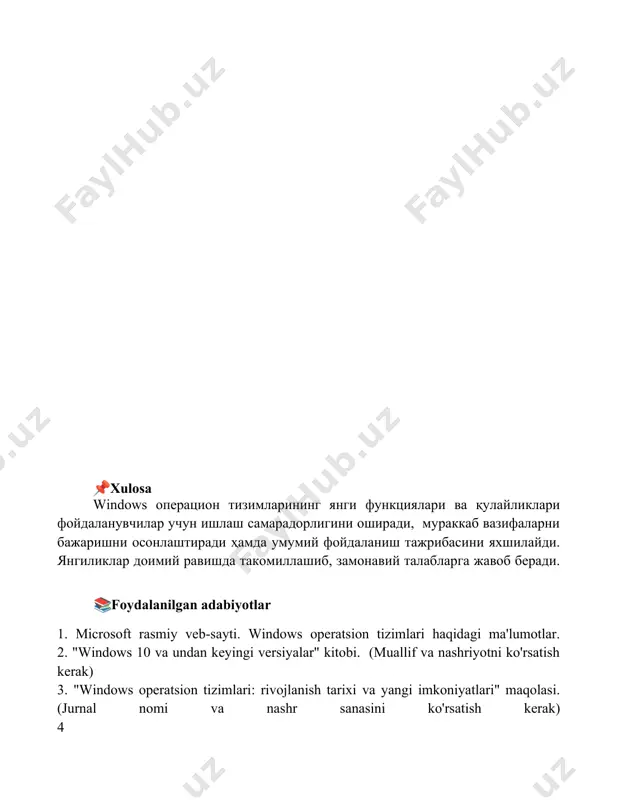 yotni ko'rsatish kerak) 3. "windows operatsion tizimlari: rivojlanish tarixi va yangi imkoniyatlari" maqolasi. (jurnal nomi va nashr sanasini ko'rsatish kerak) 4