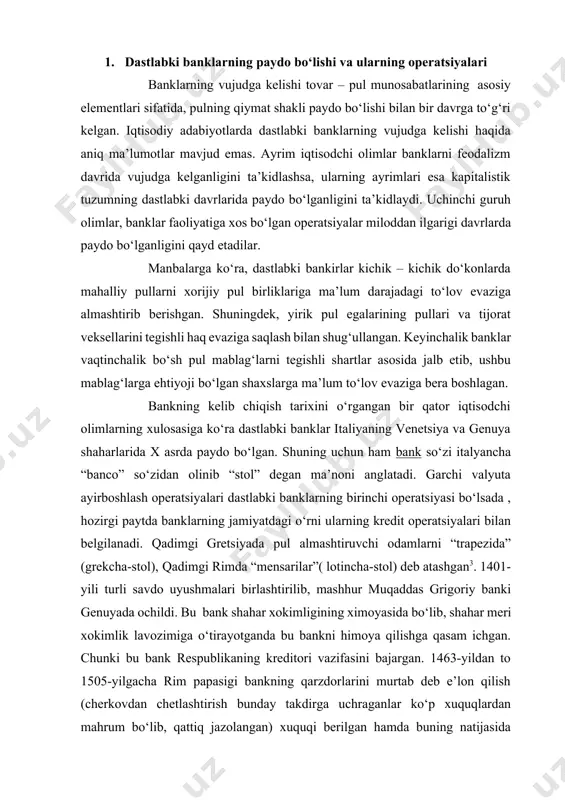 lib, mashhur muqaddas grigoriy banki genuyada ochildi. bu bank shahar xokimligining ximoyasida bo‘lib, shahar meri xokimlik lavozimiga o‘tirayotganda bu bankni himoya qilishga qasam ichgan. chunki bu bank respublikaning kreditori vazifasini bajargan. 1463-yildan to 1505-yilgacha rim papasigi bankning qarzdorlarini murtab deb e’lon qilish (cherkovdan chetlashtirish bunday takdirga uchraganlar ko‘p xuquqlardan mahrum bo‘lib, qattiq jazolangan) xuquqi berilgan hamda buning natijasida bankning qarzdorlari bo‘lmagan. faqatgina 1675-yildagina bu bank jirobankka aylantirildi. xv asrda fransiyada tarixda birinchi marta lombardlar paydo bo‘ldi, ular asosan sudxo‘rlik bilan shug‘ullanganlar. 1848 yillardan esa prussiyada ham lombardlar o‘z faoliyatlarini boshlaganlar. xvi asr oxirlarida va xvii asrning boshlarida gollandiyada kassirlar pul almashtiruvchilarning faoliyatini bajarardilar. shuning uchun kassirlik hamda pul almashtiruvchi ixtisosliklari qo‘shilib ketish xavfi paydo bo‘ldi va kuchaydi. shu xavfni oldini olish uchun amsterdam hukumati 1609-yili amsterdam jamoatchilik bankini tashkil qildi. bu bank pul almashtirishda o‘rnatilgan rasmiy foiz stavkasi 5 % bo‘lgan hamda bank ma’lum muddat monopol bo‘lib faoliyat yurgiza boshladi. …