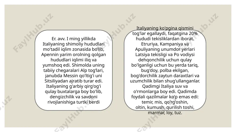 immatli ma'lumotlar berilgan ii-iii asrlar tarixiga oid asarlar to'la saqlanmagan. ularni ichida iv asrda tuzilgan «avgustlar tarixi yozuvchilari», «<imperatorlar tarjimai hollari» kabi to'plamlarni koʻrsatish mumkin. so'nggi imperiyaning yirik tarixchisi ammian martsellin asarlarida tarixiy voqealar eramizning 378-yiligacha bayon qilingan. qadimgi rim tarixi bo'yicha muhim ma'lumotlar yunon mualliflari: plutarx, appian(ii asr), dion kassiy (iii asr) asarlarida mavjud bundan tashqari, tarixiy voqealarni borishini tiklash uchun askoniy pidian (eramizning i asri), lutsiy anney flor (ii asr) evtropiy (iv asr) kabi imperiya davri yozuvchilarining yirik asarlari, har xil kompendiyalar, yozuvchilarning yirik asarlari, xronografiyalar va obzorlarni koʻrsatish mumkin. rim shahrining arxeologik yodgorliklari alohida ahamiyatga ega. bu yerdan topilgan qabrlar, uy-joylar, jamoat binolari, mudofaa devorlari, rim forumi, suv quvurlari muhim arxeologik manba boʻlib xizmat qildi. italiyalik arxeologlar hozirgi kungacha bu yodgorliklarni tarixiy-madaniy jihatdan to'la tadqiq qilib, rim tarixini qayta tiklashda ilmiy jihatdan qimmatli bo'lgan 100 ga yaqin tadqiqotlarni e'lon qildilar rimning etrusklar davri, respublika imperiya davrlari, diniy …