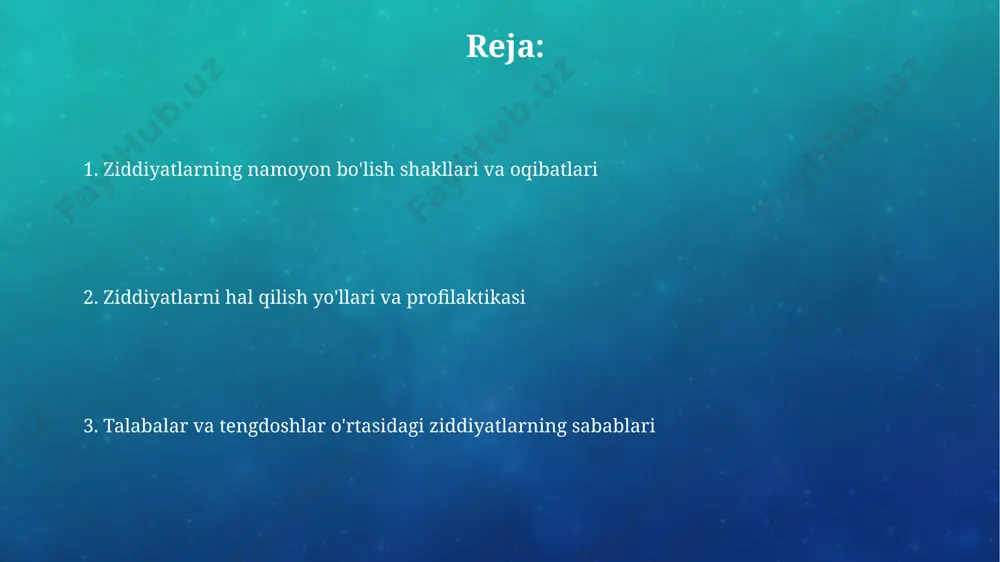 higa olib keladi, bu esa maktabdagi salbiy munosabatlarning kamayishiga yordam beradi. konfliktlarni hal qilish bo'yicha o'quv dasturlarining joriy etilishi, o'quvchilarning 60% da muammoni konstruktiv ravishda hal qilish ko'nikmalarini rivojlantiradi va tengdoshlararo munosabatlarni yaxshilaydi. mojarolarga olib keluvchi omillar kiberzo'ravonlik va ijtimoiy tarmoqlarda tarqalgan mish-mishlar, talabalar o'rtasidagi mojarolar sonining 15% ga yaqinini tashkil qilib, o'zaro munosabatlarga jiddiy zarar yetkazishi mumkin. o'zaro raqobat, ayniqsa akademik natijalar yoki maqomga oid bo'lgan hollarda, talabalar o'rtasidagi 70% dan ortiq mojarolarga sabab bo'ladi. bu esa, ressurslar uchun kurash va ijtimoiy ierarxiya bilan bog'liq. ish joyidagi mojarolar maktabdagi tengdoshlararo mojarolarining 35%i resurslar (masalan, o'yinchoqlar, o'rindiqlar yoki kompyuterlar) uchun raqobat tufayli yuzaga keladi. bu esa raqobat muhitini va tajovuzkor xulq-atvorni kuchaytiradi. o'quvchilarning 60% dan ortig'i tengdoshlari bilan kamida bir marta jiddiy janjallarga duch kelganini ko'rsatuvchi tadqiqotlar mavjud. bunday mojarolar ko'pincha o'zaro hurmatsizlik va zo'ravonlik namoyon bo'lishi bilan tavsiflanadi. shaxsiy farqlar va ziddiyatlar shaxsiy farqlar, masalan, qiziqishlar yoki qadriyatlarning mos …