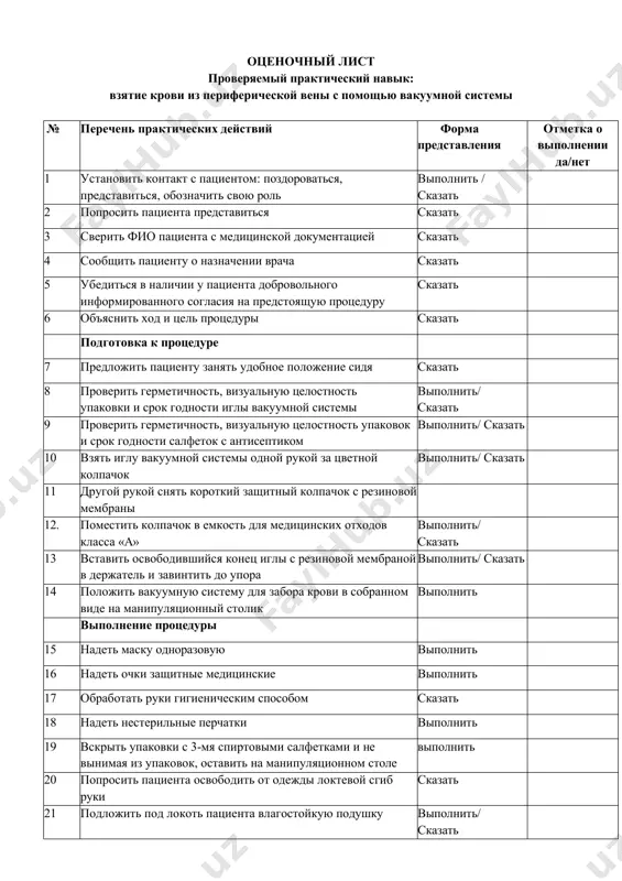способом сказать 18 надеть нестерильные перчатки выполнить 19 вскрыть упаковки с 3-мя спиртовыми салфетками и не вынимая из упаковок, оставить на манипуляционном столе выполнить 20 попросить пациента освободить от одежды локтевой сгиб руки сказать 21 подложить под локоть пациента влагостойкую подушку выполнить/ сказать 22 наложить венозный жгут в средней трети плеча на дежду или тканевую салфетку выполнить 23 выбрать, осмотреть и пропальпировать область предполагаемой венепункции выполнить 24 определить пульсацию на лучевой артерии выполнить/ сказать 25 попросить пациента сжать кулак сказать 26 обработать двукратно место венепункции двумя спиртовыми с антисептиком в одном направлении выполнить 27 поместить использованные салфетки с антисептиком в емкость для медицинских отходов класса «б» выполнить 28 поместить упаковки от салфеток с антисептиком в емкость для медицинских отходов класса «а» выполнить 29 взять в доминантную руку вакуумную систему и снять цветной защитный колпачок с иглы выполнить 30 сбросить защитный колпачок от иглы в емкость для медицинских отходов класса «а» …