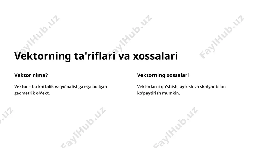 chiziqli mustaqillik chiziqli mustaqil vektorlar – bu bir-birini chiziqli kombinatsiya sifatida ifodalamaydigan vektorlar. chiziqli mustaqillikning ahamiyati chiziqli mustaqil vektorlar to'plami vektorlar fazosini to'liq ifodalashga imkon beradi. vektorlar fazosining asosiy tushunchalari vektorlar fazosi vektorlar fazosi – bu vektorlar to'plami bo'lib, ular ustida qo'shish va skalyar bilan ko'paytirish amallari ta'riflangan. vektorlar fazosining asosiy tushunchalari vektorlar fazosining o'lchami, asosi, vektorlarning chiziqli bog'lanishlari va boshqa muhim tushunchalar. vektorlar fazosida vektorlar koordinatalari koordinatalar vektorlar fazosida har bir vektor o'zining koordinatalari bilan belgilanadi. koordinatalar tizimi koordinatalar tizimi vektorlar fazosining asosini belgilaydi. vektorlar fazosida vektorlar skalyar ko'paytmasi skalyar ko'paytma vektorlarning skalyar ko'paytmasi ikkita vektorning kattaliklari va ular orasidagi burchakni hisobga olgan holda hisoblanadi. skalyar ko'paytmaning ma'nosi skalyar ko'paytma bir vektorning ikkinchi vektorga proektsiyasini ifodalaydi. vektorlar fazosida vektorlar vektorlik ko'paytmasi vektorlik ko'paytma vektorlarning vektorlik ko'paytmasi ikkita vektorga perpendikulyar bo'lgan yangi vektor hosil qiladi. vektorlik ko'paytmaning xossalari vektorlik ko'paytma antikommutativ va distributiv. vektorlar fazosida vektorlar aralash ko'paytmasi aralash ko'paytma …