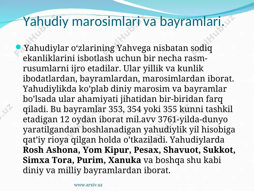 9- kuni hatm bayrami “simxa tora” (ibroniycha tavrot quvonchi) nishonlanadi. har bir yahudiy honadonida “tavrot” bo’lib, unga nisbatan hurmat hamma narsadan ustun turadi. biror yig’ilishda “tavrot” yerga tushirib yuborilgudek bo’lsa, u yerda bo;lganlarning barchasi kafforati evaziga o’ttiz kun ro’za tutishlari shart bo’lib qoladi. www.arxiv.uz simxa tora www.arxiv.uz