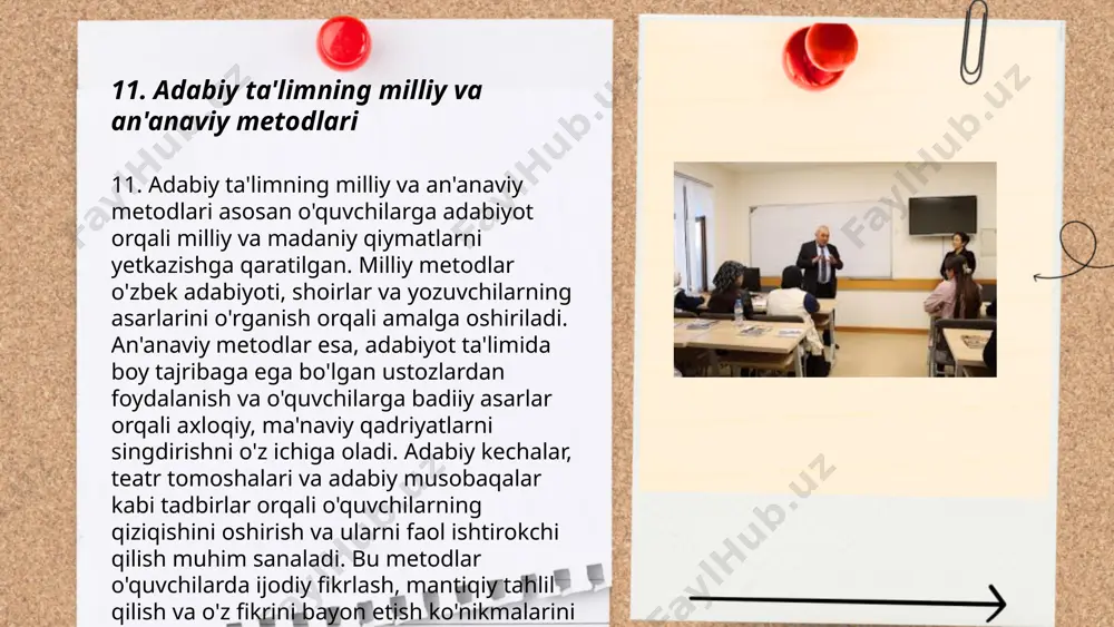 gan. shuningdek, yangilanish jarayonlari ichki ish samaradorligini oshirishga, yangi bozor segmentlariga kirishga va global miqyosda raqobat qilish imkoniyatlariga yo‘l ochadi. bu jarayonlar hududiy iqtisodiyotlarni rivojlantirishda ham muhim ahamiyat kasb etadi. ... t.me/slaydai_bot oʻzbek adabiy tanqidi oʻziga xos xususiyatlari bilan ajralib turadi. 19-asr oxiri va 20-asr boshlarida abdulla avloniy, fitrat, hamza kabi adiblar tanqidchilik maktabini rivojlantirishga katta hissa qoʻshdilar. oʻsha davrda jamiyat muammolariga eʼtiborni qaratish, axloqiy va maʼnaviy qadriyatlarni tanqidiy tahlil qilish asosiy tamoyillardan boʻlgan. 20-asr oʻrtalarida gʻafur gʻulom va oybek kabi yozuvchilar bu anʼanani davom ettirib, adabiy tanqidda yangi uslublarni olib keldilar. mustaqillik davrida esa alisher navoiy va boshqa klassiklar ijodini qayta koʻrib chiqish, milliy qadriyatlar va anʼanalarni yangilash yoʻlida adabiy tanqidning vazifalari kengaydi. ... t.me/slaydai_bot 5. adabiyotshunoslik va tanqid adabiyotshunoslik va tanqid adabiyotni o‘rganish, tahlil qilish va baholash bilan shug‘ullanuvchi ilmiy sohadir. o‘zbek adabiyotshunosligida abdulla qahhor, g‘afur g‘ulom kabi muhim shaxslar mavjud. 1920-yillardan boshlab o‘zbek adabiyotida tanqidiy yondashuv kuchaydi. …