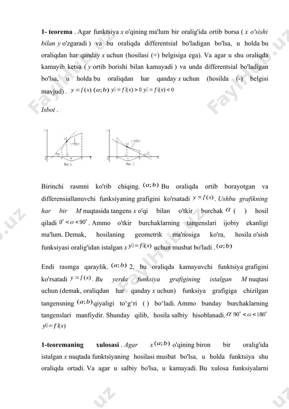 ketsa, uning segmentdagi hosilasi manfiy emas, ya'ni. . 2) agar funktsiya oraliqda uzluksiz bo'lsa va oraliqda differentsial bo'lsa va , u holda bu funktsiya oraliqda ortib bormoqda . isbot. 1) y = f ( x ) segmentda ortib borsin . keling, x argumentini oshiramiz va munosabatni ko'rib chiqamiz . (*) f ( x ) ortib boruvchi funktsiya bo'lgani uchun ikkala holatda ham funksiyalar chegaralarining xossalari bo'yicha. bular. , bu isbotlanishi kerak edi. 2) intervalga tegishli bo'lgan barcha qiymatlar x uchun bo'lsin . intervalga tegishli bo'lgan x 1 va x 2 , x 1 0, (1; + ∞) da f``(x) 0 bo`lsa, f(x2) > f(x1) va funksiya o`suvchi, agarda f(c) f(l;x0)) tengsizlik bajarilsa, u holda x0 f(x) funksiyaning noqat`iy maksimum (minimum) nuqtasi deyiladi funksiyaning qat`iy va noqat`iy maksimum va minimum nuqtalariga, uning lokal (mahalliy) xarakterdagi ekstremum nuqtalari deyiladi. · funksiyaning qat`iy va noqat`iy maksimum va minimum nuqtalariga, uning lokal (mahalliy) xarakterdagi …