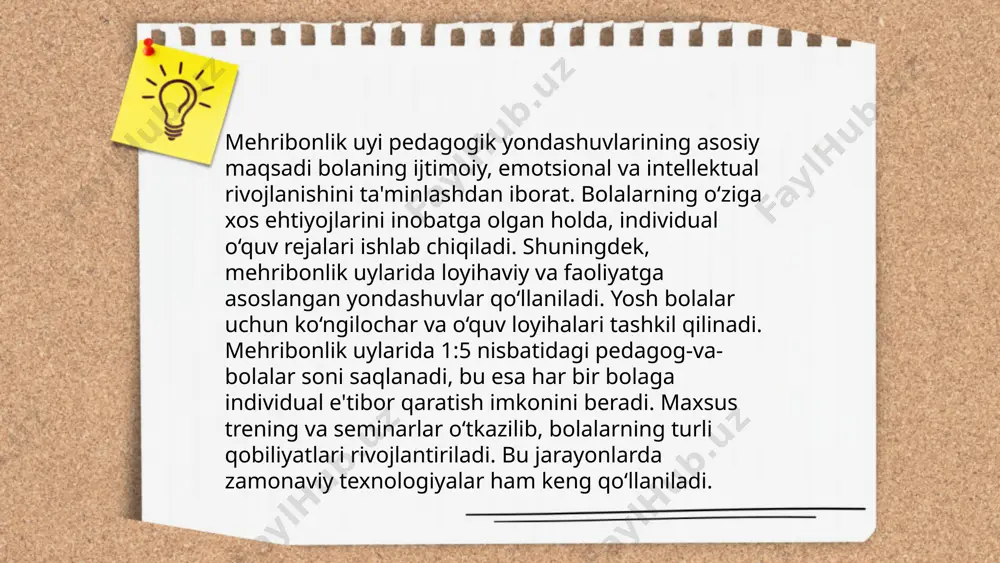 antirishning asosiy qismlaridan biridir. ta'lim jarayonida mustaqil loyiha ishlari va qo'shimcha tadqiqotlar, shuningdek, ijodiy yondashuvni rag'batlantirish muhim. ilmiy tadqiqotlar ko'rsatadiki, mustaqil o'rganish va qaror qabul qilish ko'nikmalariga ega bo'lgan yoshlar keyinchalik hayotda 40% ko'proq muvaffaqiyatga erishadilar. shu bilan birga, davlat statistika qo'mitasi ma'lumotlariga ko'ra, o'qish qobiliyatini rivojlantirish uchun 16 yoshgacha bo'lgan bolalarning 60% dan ortig'i qo'shimcha ta'lim olishadi. ... t.me/slaydai_bot tarbiyalanuvchilar uchun kasb-hunar o'qitish o'zbekistonda ta'lim tizimining muhim qismi hisoblanadi. hozirda mamlakatda 340 dan ortiq kasb-hunar kollejlari faoliyat yuritmoqda. ushbu ta'lim muassasalari zamonaviy texnologiyalar asosida 100 dan ortiq turli kasblar bo'yicha mutaxassislar tayyorlaydi. har yili o'quv yurtlarini 200 mingga yaqin o'quvchi bitiradi. ta'lim jarayonida 60% amaliy va 40% nazariy bilimlar beriladi. bu jarayon kasb-hunarga yo'naltirilgan amaliy bilimlarni oshirish maqsadida tashkil etilgan texnoparklar, laboratoriyalar va ishlab chiqarish korxonalari bilan hamkorlikda olib boriladi. ... t.me/slaydai_bot 10. tarbiyalanuvchilarni ilmiy tadqiqotga jalb qilish. tarbiyalanuvchilarni ilmiy tadqiqotga jalb qilish ilmiy salohiyatni oshirish uchun muhimdir. oʻquvchilar …