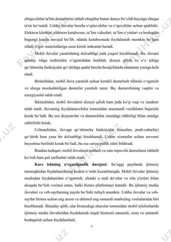 alanish orqali biznesni samarali, oson va samarali boshqarish uchun foydalaniladi. aqsh smartfon egalarining taxminan 67 foizi har kuni internetga kirish uchun o‘z smartfonlaridan foydalanadi. oxirgi tadqiqotlar shuni ko‘rsatadiki, 2017 yilga kelib ilovalarni yuklab olishlar soni 200 milliardga, mobil ilovalardan keyingi daromad esa 63,5 milliard dollargacha oshadi. ushbu ajoyib raqamlarning sababi smartfon va planshetlar savdosining doimiy o‘sishidadir. nafaqat smartfon va planshetlar sotuvi ko‘paydi, balki o‘rnatilgan mobil ilovalar miqdori ham keskin o‘sdi. internet va global savdo maydoniga doimiy ravishda ulangan mutlaqo yangi turdagi mijozlar bilan muloqot qilish uchun noyob imkoniyatga ega ekanligini ko‘rsatadi. aslini olganda, mobil ilova sizning qo‘lingizda millionlab yangi mijozlarga ega bo‘lish imkonini beradi. kurs ishining maqsadi: web saytlar, interaktiv ilovalar va mobil interfeyslar tashkil etish bosqichlari, foydalanuvchilarga samarali va qulay tajriba taqdim etishni maqsad qiladi. ular quyidagi asosiy maqsadlarni o'z ichiga oladi: foydalanuvchilar interaktiv ilovalar va mobil interfeyslar orqali saytga kirish, ma'lumotlarni izlash, murojaat qilish va amal bajarishda sezilarli …