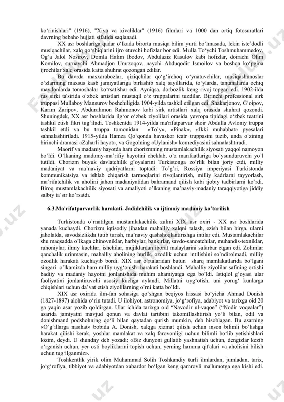 joylari, cherkovlar, savdo rastalari, vokzal va boshqa binolar qurilishida kuzatish mumkin. keng ko‘chalar katta maydon va xiyobonlar, ko‘p qavatli turar-joylar xix asr oxiri - xx asr boshlarida markaziy osiyo shaharlari qiyofasini o‘zgartirib yubordi. shu davrda turkiston general-gubernatorligini markazi bo‘lgan toshkent shahrining qurilishi ham o‘zgardi. "kichik peterburg" deb nom olgan va rus davlatining poytaxti peterburg shahriga o‘xshatib qurilgan bu shahar ko‘chalari va xiyobonlari o‘z vaqtida kelgan sayyohlarni ham hayratga soldi. shahardagi amaldorlarning uylari, turli ma’muriy binolar, favvorali istirohat bog‘lari shaharga yevropa tusini berdi. shahar ko‘chalarida, yo‘llarga tosh, konka-ot qo’shilgan tramvay uchun temir izlarning yotqizilishi, faytunli ot va fonuslarning paydo bo‘lishi ham shahar qiyofasiga yangi davr ruhini kiritdi. shu davrdan boshlab rossiya sanoat korxonalarida ishlab chiqilgan buyumlar, masalan, lampa, samovar, mato va yevropacha kiyim-kechaklar mahalliy aholi xonadoniga kirib kela boshladi, musulmon xonadonida kartoshka, pomidor, baklajon va boshqa yangi sabzavotlar ham paydo bo‘ldi. me’morchilik, tasviriy va amaliy san’atda ham yangi jarayonlar ro‘y berdi. …
