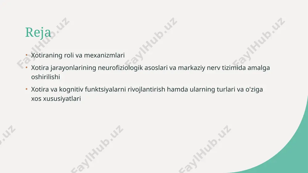 otira nerv faoliyatining asosiy mexanizmi bo‘lib, yangi ma'lumotlarni saqlash va avvalgi tajribalarni eslashda muhim rol o‘ynaydi, bu esa kognitiv rivojlanishni ta'minlaydi. sinaptik o‘zgarishlar va plastiklik xotira asosan sinaptik o‘zgarishlar va neyronlararo plastiklik orqali yuzaga keladi, bu jarayonlar yangi sinaptik bog‘lanishlar hosil qilishi va mavjudlarini mustahkamlash bilan tavsiflanadi. xotira markaziy nerv tizimining miyada, ayniqsa gipokamp va korteksda amalga oshadi, bu joylar ma'lumotlarni kodlash, saqlash va chaqirish uchun muhimdir. markaziy nerv tizimida amalga oshirilishi xotira va nerv faoliyatining integratsiyasi xotira mexanizmlari nerv faoliyatining boshqa aspektlari bilan uzviy bog‘liq bo‘lib, ularning integratsiyasi kognitiv jarayonlar va muvofiqlikni ta'minlaydi, shuningdek, yodda saqlashni mustahkamlashga yordam beradi. xotira jarayonlarining fiziologik asoslari va nerv tizimida ularning rivojlanish bosqichlari. 1 xotira jarayonlarining fiziologik asoslari xotira asosan nerv hujayralarining sinaptik o'zaro ta'siri va neyrotransmitterlarning faoliyati bilan bog'liq bo'lib, nerv to'qimalarida ma'lumotlarni saqlash va qabul qilish jarayonlarini tashkil etadi. 2 rivojlanish bosqichlari xotira rivojlanishi bosqichma-bosqich amalga oshadi: kodlash, saqlash va chaqirish. …