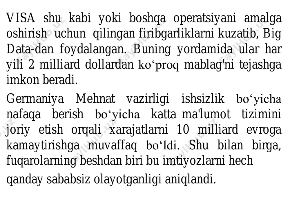 tingga asoslangan "vaqt sinovidan o„tgan" usullarni qo„llagan va elektoratni faqat rasmiy bir hil guruhlarga (erkaklar, ayollar, afroamerikaliklar, lotin amerikaliklari, kambag'allar, boylar va boshqalar) ajratgan.natijada, yangi texnologiyalar va tahlil usullarining potentsialini qadrlagan kishi g'olib bo„ldi. shunisi e'tiborga loyiqki, hillari klintonning kampaniya xarajatlari raqibidan ikki baravar ko„p bo„lgan: data mining usullari yordamida aniqlanadigan namuna turlari. data mining usullari bilan aniqlanadigan beshta standart namuna turlari mavjud: assotsiatsiya - voqealarning bir -biri bilan bog'lanish ehtimoli yuqori (masalan, ko„pincha bitta mahsulot boshqasi bilan birga sotib olinadi); ketma - ketlik - o„z vaqtida bog'liq bo„lgan voqealar zanjirining yuqori ehtimoli (masalan, bitta mahsulotni sotib olgandan keyin ma'lum vaqt ichida boshqasi yuqori ehtimollik bilan sotib olinadi); tasniflash - u yoki bu hodisa yoki ob'ekt tegishli bo„lgan guruhni tavsiflovchi belgilar mavjud (odatda, ba'zi qoidalar allaqachon tasniflangan hodisalarni tahlil qilish asosida tuziladi); klasterlash - bu tasnifga o„xshash va undan farqli o„laroq, guruhlarning o„zi bir vaqtning o„zida ko„rsatilmagan - ular ma'lumotlarni …