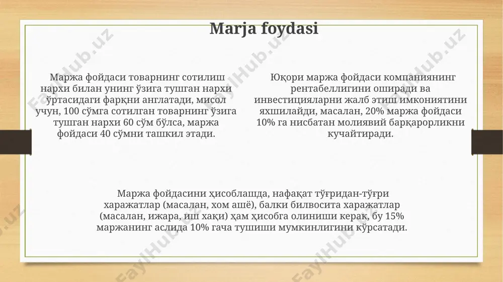 garasining qancha qismini tashkil etishini ko'rsatadi, masalan, 50% foyda chegarasi nisbati yuqori rentabellikni anglatadi. foyda chegarasi mahsulotning sotish narxidan o'zgaruvchan xarajatlarni ayirgandan keyin qolgan qismidir, masalan, 100 so'mlik mahsulotning o'zgaruvchan xarajati 60 so'm bo'lsa, foyda chegarasi 40 so'mni tashkil etadi. foyda chegarasini oshirish uchun o'zgaruvchan xarajatlarni kamaytirish yoki mahsulot narxini oshirish mumkin, masalan, xom ashyo narxini 10% ga kamaytirish foyda chegarasini sezilarli darajada oshiradi. to'g'ridan-to'g'ri xarajatlar to'g'ridan-to'g'ri xarajatlarga xom ashyo narxi, masalan, 1 kg paxta uchun 5000 so'm, ish haqi va to'g'ridan-to'g'ri ishlab chiqarish bilan bog'liq boshqa xarajatlar kiradi. mahsulotning bir dona narxini hisoblashda to'g'ridan-to'g'ri xarajatlar muhim ahamiyatga ega bo'lib, ularni aniq hisoblash foyda marjasini oshirishga yordam beradi, masalan, 1000 dona mahsulot uchun 5 million so'm. to'g'ridan-to'g'ri xarajatlarni kamaytirish orqali, masalan, samaradorlikni 15% ga oshirish orqali, kompaniyalar foydasini sezilarli darajada oshirishi mumkin. e'tiboringiz uchun rahmat @taqdimot_robot image3.png image4.png