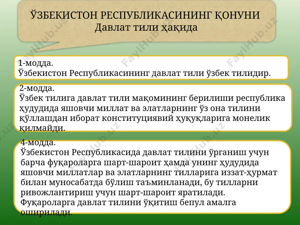yuz jafo, bilki, tilingdan har balo. yusuf xos hojib. gar bo’libdi oshkor yopiq siring, bilgil, ey oqil, tiymabsan tiling. a.yugnakiy. toshlar to’fonida bag’ri tilimsan, ko’ksim changallagan qonli qo’limsan. oyga almashmasman, kunga bermasman. cho’lpon yuragida ungan gulimsan. qadrin so’rasangiz qarog’im, tilim, ko’ngil osmonida chaqmog’im, tilim. nonidek totli-yu, cho’g’idek issiq, o’zbek ko’ksidagi bulog’im, tilim. til haqida hikmatlar ona tilim - ona xalqim g`ururi, ona tili muqaddas va beg`ubor. tilimiz boy, tilimiz sof go`zaldir, bari maqol, bari masaldir. bir og`iz shirin so`z kishini qahraton sovuqda ham isitadi. yaxshi so`z - ko`ngil podshosi. so`z - qilichdan keskir. til haqida maqollar yaxshi so’z – boldan shirin. yaxshi so’z - ko’ngil podshosi. tilni ko’p bilgan ko’pni bilar. odob boshi – til. yaxshi so’z qand yedirar, yomon so’z pand yedirar. ming bir eldan bizga nasib bo’lgan tilim. ming yillardan omon o’tib kelgan tilim. o’zbegimni asl o’zbek qilgan tilim, tillar ichra o’zing buyuk zabonimsan, ona tilim, mening ikki …