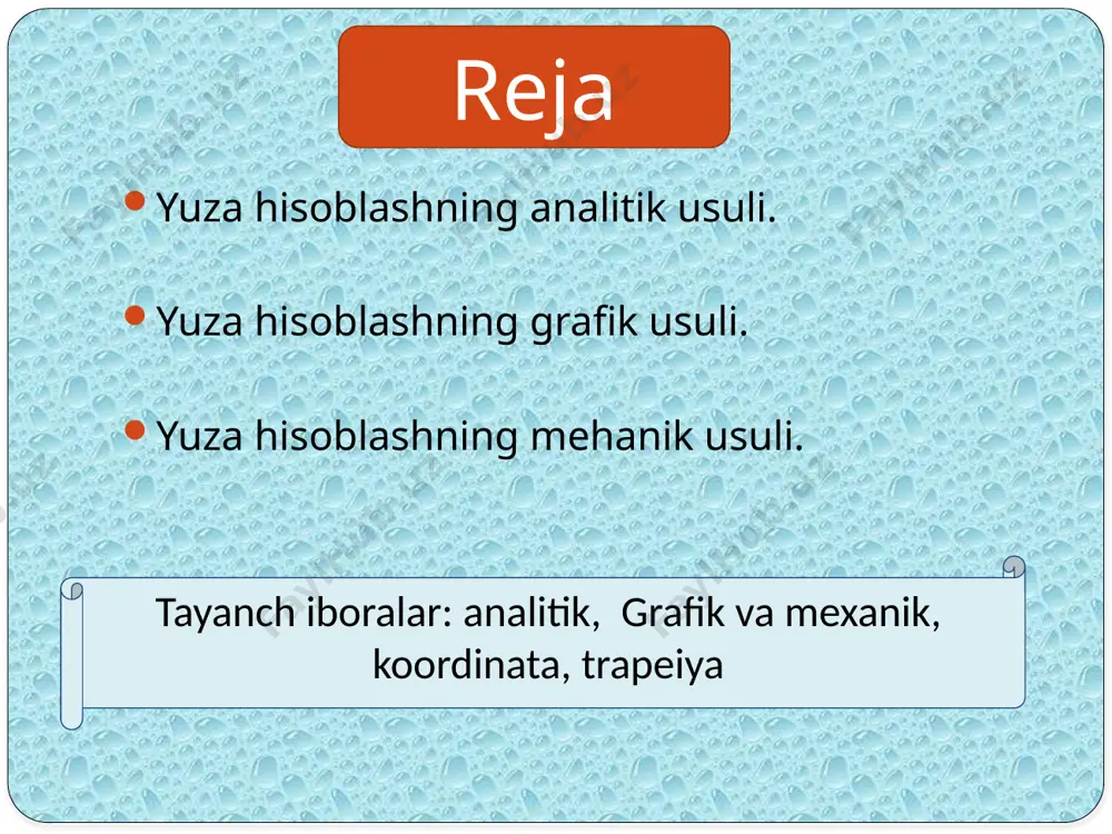 usuli yuzani grafik usulda hisoblashning mohiyati shundan iboratki, bunda planda tasvirlangan. yer bo‘laklari eng oddiy geometrik shakllarga ya’ni uchburchaklar, to‘rtburchaklar trapetsiya shakllariga bo‘linadi. plandagi xar bir shaklning balandligi va asosi o‘lchanib, ular bo‘yicha yuza hisoblanadi. yer bo‘laklarining yuzasi shakllar yuzasining yi’indisiga teng bo‘lishi kerak. grafik usulda yuza o‘lchash aniqligi joyda o‘lchangan burchaklar va chizik uzunligining o‘lchash aniqligiga bo‘liq. to‘rtburchak va kvadratning yuzasi quyidagi formula bo‘yicha aniqlanadi: s a b trapetsiya yuzasi: s1/2 (ab) h uchburchakning yuzasi: s1/2 a h topografik kartada ko‘pburchak shaklida konturning maydonini geometrik usulda topish uchun kontur oddiy geometrik shakllarga (uchburchak, to‘‘ri to‘rtburchak, trapetsiya va boshqa shakllarga) bo‘linadi va har bir geometrik shakl kartada alohida –alohida o‘lchanib, uning maydoni geometrik formulalar yordamida xisoblab topiladi. geometrik shaklning nomeri geometrik shaklning nomi geometrik shaklning maydoni, sm2 1 trapetsiya 1/2 x 1,6 x (2,8  2,0)  3,84 2 uchburchak 1/2 1,2 x 2.81,68 3 uchburchak 1/2 2,4 x 1,6 …