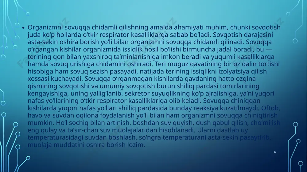 da yuz berib, bunda omillarning ta'sir etish vaqti o’zi xos xususiyatlari va atrof muhit shartli signal bo’lib xizmat qilishi mumkin. beriladigan malakalarning miqdorini aniqlashda termoregulyasiyaning faollar davomida o’zgarib turishini hisobga olish kerak. masalan, bahor va yozning boshlanishida kimyoviy termoregulyasiya ancha intensiv bo’ladi. bahorda sovuq haroratni sezish porogi kuz paytiga nisbatan ancha past bo’ladi. bundan tashqari, kimyoviy termoregulyasiyaning o’zgarishi ertalabki soatlarda ancha tez bo’ladi. sovuq haroratga chiniqish suv protseruduralari va sovuq havo vannasi orqali olib boriladi. suvda haroratni o’tkazish kuchli bo’lganligi uchun u tanani tez sovitish xusu­siyatiga esa. shuning uchun suv muolajalari qisqa bo’ladi (bir necha sekunddan bir necha minutgacha). sovuq suv haroratga chiniqishda tananing ma'lum bir qismiga uning ta'si­rini berish bilan ham amalga oshirish mumkin. masalan, sovuq suvni badanga purkash, ta­naning yuqori qismini nam sochiq bilan artish, oyoqni sovuq vanna qilish, tomoqni chayqash va boshqalar. 7 bu vaqtda shunga e'tibor berish kerakki, tananing aynan mana shu qismi sovuq haroratga oldin …