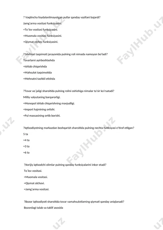 mida =natural - feodal tuzumida =sotsialistik tuzumda ?pulning nominal nazariyasi qanday davrlarda vujudga kelgan? xvii - xviii asrlard =xvi - xvii asrlard =xiv - xv asrlard =xv - xvi asrlard ? pulning nominal nazariyasi davrini shakllanishigaqanday omillar ta’sir qilgan? muomalaga haqiqiy bolmagan metall pullar kiritilganda =muomalaga qog'oz pullar kiritilganda =muomalaga kumush va oltin tangalar kiritilganda =muomalaga banknotalar va monetalar kiritilganda ?nominal pul nazariyasi tarafdorlarining kamchiligi nimada? pulning qiymatini davlat belgilashini e’tirof etishida =oltinni haqiqiy qiymat sifatida e’tirof etishida =kumushni tolov vositasi sifatida e’tirof etmaydi. =qog'oz pullar qiymati talab va taklif asosida belgilashini e’tirof etishida ?bozor iqtisodiyoti sharoitida pulning sotib olish qobiliyati: talab va taklif asosida belgilanadi. =tovar va mahsulotlar hajmi asosida belgilanadi. =davlatning tegishli qarorlari asosida belgialandi. =markaziy bankning qarori asosida belgilanadi. ? pulning miqdoriy nazariyasi haqidagi ta’limot qachon va kim tomonidan ilgari surilgan? xvi - xvii asrlarda, yum tomonidan. =xv - xvi asrlarda, dj.mil tomonidan. =xvii - xviii asrlarda, …