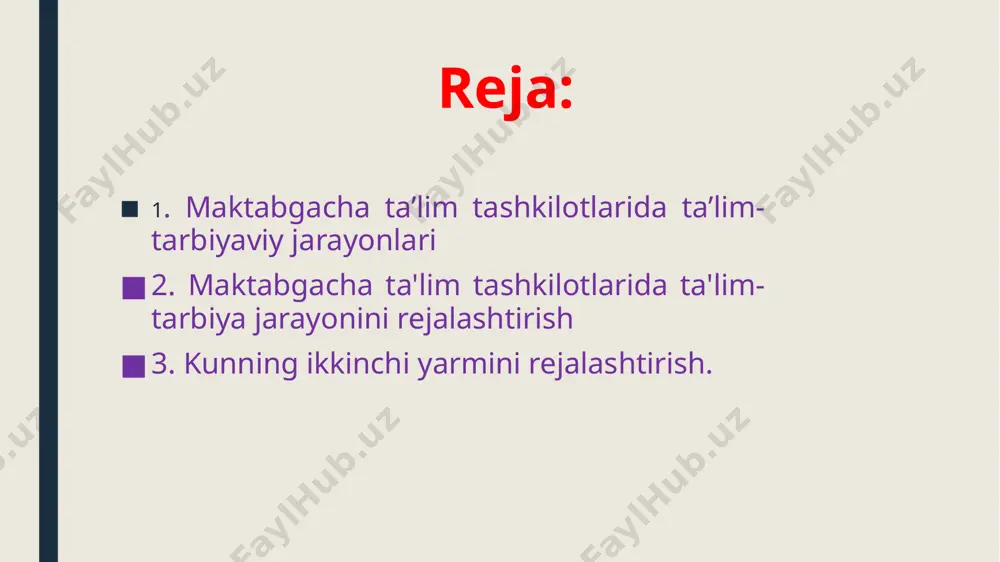 -tarbiyaviy ishning zarur sharoit, foydalanadigan vosita, ishning usul va metodlarini ko‘rsatib, ta'lim-tarbiyaviy ish dasturini amalga oshirish tartibi, izchilligini oldindan aniqlashdir. maktabgacha pedagogika maktabgacha ta'lim tashkiloti ishini rejalashtirish mumkinligini va zarurligini ta'kidlab, bunda u inson shaxsini shakllanishida ijtimoiy omillar, muhit va tarbiyaning muhim ahamiyatga egaligi haqida asosiy qoidalarga tayanadi. rivojlanishning asosiy omili bo‘lgan tarbiya jarayonida bilim, aqliy va amaliy malakalar hamda harakat usullarini bola tomonidan egallanishi amalga oshiriladi. tarbiyaning mazmunini uning maqsadi belgilaydi. shuning uchun mttda bir-birini to‘ldiradigan bir necha xil reja tuziladi: mttning yillik rejasi, istiqbol rejasi va tarbiyachining kalendar rejasi. yillik reja asosan mtt mudirasi, metodist tarbiyachi tomonidan tuzilib, bolalar tashkilotsida amalga oshiriladigan barcha ishlarni o‘z ichiga oladi. istiqbol rejasi 1-3 oyga mo‘ljallangan bo‘lib, undan ko‘zlangan asosiy maqsad bolalar bilan olib boriladigan ta'lim-tarbiya ishlarini tartibga solish va uning ma'lum maksadga qaratilgan va samarali bo‘lishini ta'minlashdir. istiqbol rejasida dasturning hamma bo‘limlari bo‘yicha amalga oshirilishi lozim bo‘lgan ta'lim-tarbiya ishlari ti­zimi bolalar …