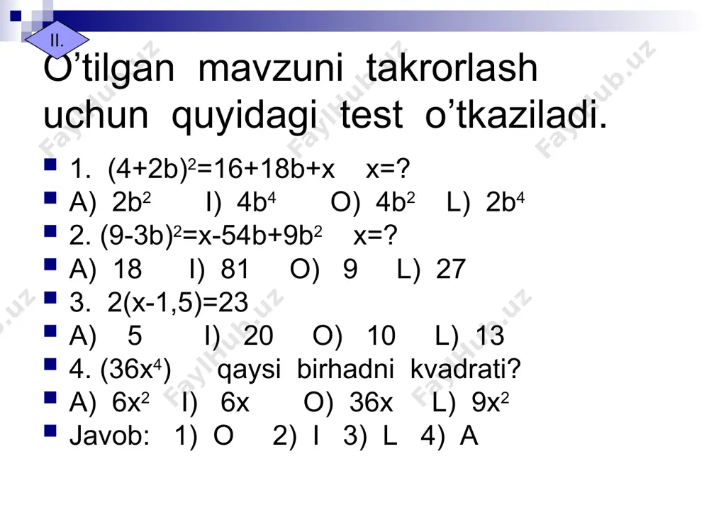 ing buyuk olimi bo`lgan. fales astranomiyaga katta hissa qo`shgan. fales misirga sayohat qilgan. misirliklar unga qiyin masala berishgan. masala shunday: biz mana shu ulkan piramidaning balandligini qanday bilishimiz mumkin. fales buni javobini topdi. bir tayoqcha olib kelib yerga qoqdi va shunday dedi: qachonki manashu ulkan piramidaning balandligi soyasining uzunligiga teng bo`lsa, manashu ulkan riramidaning balandligi soysining uzunligi soya orqali biz uning balandligini o`lchaymiz. 1-o’quvchi: hay’at a’zolari 1-shartni baholaganlariga qadar 2-shartni boshlaymiz. 2-shart “kim ko’p shakl nomini biladi” masalalar uchburchak, to’rtburchak, kvadrat, shar, silindr…, to’xtab qolgan o’quvchi yutqazgan hisoblanadi. “fales izdoshlari” jamoasi tanishuvi. fales izdoshlari jamoasiga tezkor savollar: 1. uchburchak ichki burchaklarining yig’indisi necha gradus? (1800 ). 1 duym necha sm ga teng?(2,54). qo’shni burchaklar yig’indisi necha gradusga teng?(1800 ). uchburchak burchaklaridan biri 900 bo’lsa qolganini toping.(450 ,450 ). nilni jilovlagan farg’onalik alloma kim? (al-farg’oniy). 2007 – yil fevral oyida pitter lu qaysi naqshni ko’rib hayratlanadi?(pindrous). uchburchakning burchaklaridan biri 800 , …