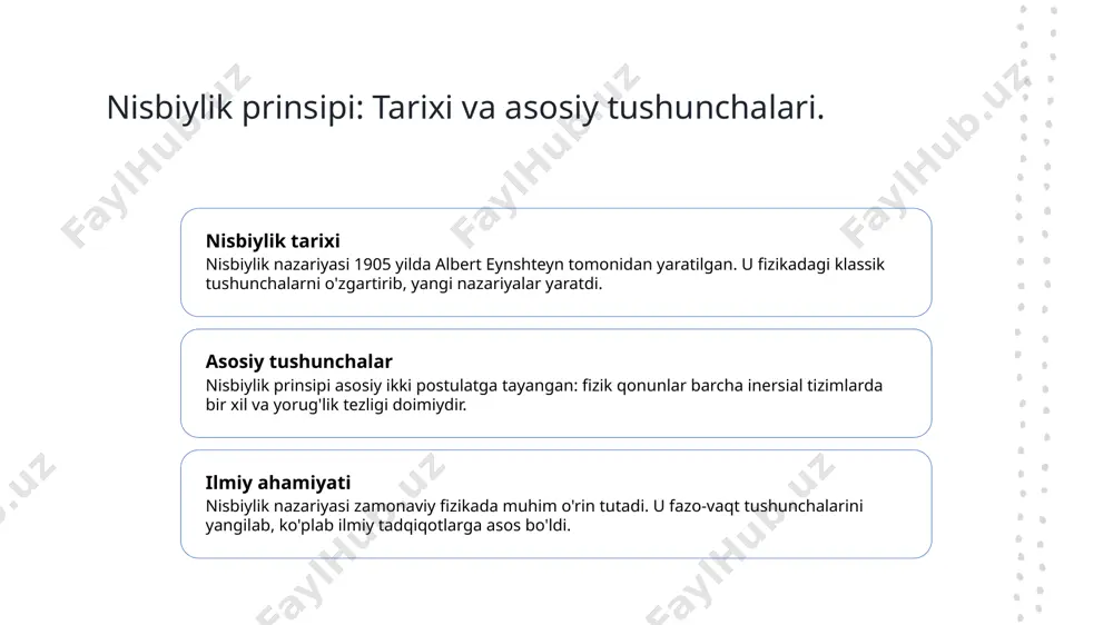 rishiga ta'sir qiladi. harakat tezligi oshganda, vaqt sekinlashadi, bu hodisa "nisbiy vaqt" deb ataladi. 03 fizikada yangiliklar lorentz almashtirilishi, zamonaviy fizikada ko'plab yangi nazariyalar va texnologiyalarni rivojlantirishga yordam berdi, masalan, gps texnologiyasida. fazoviy va vaqtli o'zgarishlar: lorentz transformatsiyasining ta'siri. fazoviy o'zgarishlar lorentz transformatsiyasi, harakatdagi ob'ektlarning fazoviy o'zgarishlarini aniqlashda muhim rol o'ynaydi, masofalar va vaqtning o'zgarishini ko'rsatadi. vaqtning ta'siri tezlik oshganda vaqtning sekinlashishi kuzatiladi. lorentz transformatsiyasi vaqtning nisbiyligini tasvirlab, tajribalar orqali isbotlangan. fizikada qo'llanilishi lorentz transformatsiyasi, zamonaviy fizikada, xususan, astrofizika va kvant mexanikasida muhim ahamiyatga ega, vaqt va fazoning birligini ta'minlaydi. lorentz almashtirilishi va zamon-kelajak: teoriyaning amaliy jihatlari. 01 lorentz almashtirilishi lorentz almashtirilishi tezlik va vaqt o'zgarishlarini tasvirlaydi, bu esa nisbiylik nazariyasining asosiy tamoyillaridan biridir. 02 tezlikning ta'siri lorentz almashtirilishi orqali, tezlik osmon jismlarining vaqt va joylashuvlariga ta'sirini ko'rsatadi, bu esa fizikada yangi perspektivalar yaratadi. 03 amaliy qo'llanilishi zamonaviy texnologiyalarda, masalan, gps tizimlarida lorentz almashtirilishi qo'llaniladi, bu esa aniq joylashuvni ta'minlashda …