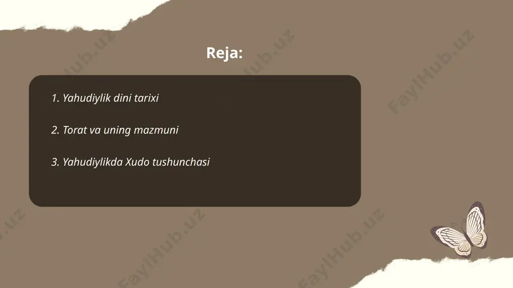 xudoning mavjudligi va uning insoniyatga yo‘llagan yo‘riqnomalarini o‘z ichiga oladi. shema isroil, yahudiy duosi, “bizning xudoyimiz egamiz yagona xudodir” degan aqidani eslatadi. xudo adolat, rahmdillik va donolikka ega deb hisoblanadi, va yahudiylar xudoga ibodat qilish, u bilan bevosita muloqot qilish imkoniyatiga ega ekanliklariga ishonadilar. yahudiylik an’analarida xudoning ismini behuda tilga olmaydilar, uni har doim hurmat bilan tilga olishadi. ... t.me/slaydai_bot 4. ibroniy tili va uning roli ibroniy tili qadimgi semit tillaridan biri bo'lib, yahudiy xalqining asosiy tilidir. bu tilning tarixi miloddan avvalgi i ming yillikning boshlariga borib taqaladi. ibroniy tili ilk davrda yahudiy dinining muqaddas matnlari, xususan, tanax yozilgan tildir. o'rtacha taxminlarga ko'ra, bugungi kunda dunyo bo'ylab 9 milliondan ortiq kishi ibroniy tilida so'zlashadi, ularning aksariyati isroilda yashaydi. isroil davlatining rasmiy tillaridan biri sifatida ibroniy tili nafaqat kundalik muloqotda, balki hukumat, ta'lim va ilmiy sohalarda ham keng qo'llaniladi. zamonaviy ibroniy tili 19-asr oxiri va 20-asr boshlarida eliezer ben-yehuda tomonidan yangilangan …