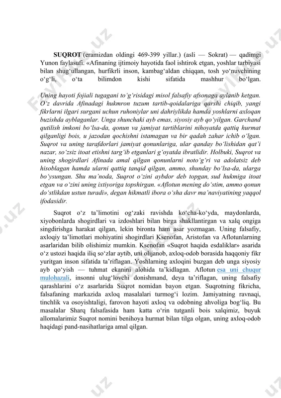 larini eley shahrida o‘tkazgan. tarixchi diogen laertskiyning yozishicha, ksenofan «tabiat haqida» asarining muallifidir. afsuski, ushbu asarning yarmigina omon qolgan, xolos. u ko‘pxudolikka hamda insonlarga xos sifatlarni hayvonlarga, o‘simlik dunyosiga daxldor deb biluvchi ta’limotga qarshi chiqib, mifologiyani rad etishga harakat qilgan. uning falsafiy ta’limotiga ko‘ra, tabiat - o‘zgarmas va harakatsizdir, «hamma narsa erdan unib chiqadi va pirovardida yana erga qaytadi». biz hammamiz erdan tug‘ilganmiz va erga aylanamiz». ksenofan qadimgi yunon faylasuflaridan birinchi bo‘lib, bilishning imkoniyati va chegarasi haqida fikr yuritgan. bu qadimgi yunon gnoseologiyasining rivojiga turtki bo‘ldi. ksenofan ilgari surgan g‘oyalar uning shogirdi eley falsafiy maktabining ko‘zga ko‘ringan namoyandalaridan biri, eramizdan avvalgi 504 yili tug‘ilgan parmenid tomonidan rivojlantirilgan. eley falsafiy maktabining namoyandalaridan biri parmenidning shogirdi va do‘sti zenon (490-430 yillar) o‘z ustozining ta’limotini himoya qildi va uni rivojlantirdi. qadimgi yunon madaniyatida sofistlar falsafasi katta o‘rin tutadi. sofistlar antropologiya (inson haqidagi fan) va gnoseologiya (bilish to‘g‘risidagi fan) muammolari bilan shug‘ullangan. sofistlar yangi …