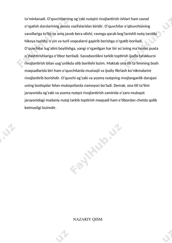o‘ladi. demak, ona tili ta’limi jarayonida og’zaki va yozma nutqni rivojlantirish zamirida o‘zaro muloqot jarayonidagi madaniy nutqi tarkib toptirish maqsadi ham e’tibordan chetda qolib ketmasligi lozimdir. nazariy qism 2.1.boshlang‘ich sinf ona tili darslariga qo‘yiladigan talablar. umumiy o'rta ta'limni davom ettirish uchun zarur bo'lgan savodxonlik, bilim, malaka va ko'nikmalar asoslarini shakllantirishga qaratilgan. 2021 yil boshida bir guruh tajribali milliy va xalqaro mutaxassislar o'zbekistondagi boshlang'ich sinf o'qituvchilari bilan hamkorlikda 1-4-sinf o'quvchilariga "ona tili va o'qish savodxonligi" hamda "matematika" fanlari bo'yicha o'qitishning yangi standartlarini ishlab chiqdi. o'zbekistonda aqsh xalqaro taraqqiyot agentligi (usaid) hamda xalq ta'limi vazirligi huzuridagi respublika ta'lim markazi hamkorligida "ona tili va o'qish savodxonligi" hamda "matematika" fanlaridan boshlang'ich sinf o'qituvchilari uchun yangi darslik va qo'llanmalar ishlab chiqildi shunga asosan. aqshning toshkentdagi elchixonasi matbuot xizmati xabariga ko'ra, 8 aprel kuni usaid ning o'zbekistonda ta'limni yaxshilash dasturi doirasida ishlab chiqilgan standartlar va kitoblarni ko'rib chiqish bo'yicha seminar bo'lib o'tdi. unda xalq ta'limi vazirligi, …