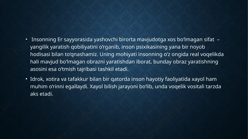 ning taʼsiri bilan bogʻliq. idrok ana shu barcha xususiyatlar oʻrtasidagi muvaqqat bogʻlanish (qarang assotsiatsiya) natijasida yuzaga keladi. inson miyasining umumlashtiruvchi faoliyatiga asoslangan idrok jarayoniga kishining tajribasi, bilim, abstrakt tafakkurning faoliyati va boshqalar ham ishtirok etadi (qarang appersepsiya). shuning uchun kishilar ayni bir narsa yoki hodisani yoshlari, maʼlumotlari, turmush tajribalari, kasblari, ijtimoiy kelib chiqishlari, xarakteri, qobiliyati va qiziqishlarida koʻrinadigan shaxsiy xususiyatlariga qarab har xil idrok qiladilar. masalan, tegishli ixtisosi boʻlmagan kishining birorta yangi mashinani idrok qilishi ixtisosi bor odamning idrokiga qaraganda tor va yuzaki boʻladi. idrokning muhim xususiyatlaridan biri barqaror (konstant)ligidir. inson bir vaqtda idrok qilgan narsani oʻz xotirasida saqlab qolish va uni qayta tiklash qobiliyatiga ega. bir narsaning ana shunday qayta tiklangan timsoli (qarang tasavvur) idrok jarayonining ajralmas qismi. idrokning xususiyati koʻp jihatdan hissiy kechinmalarga (shodlik, gʻamginlik, tajanglik va h.k.) ham bogʻliq. masalan, kishining taʼbi xira vaqtida tabiat manzaralari unga allaqanday soʻniqdek koʻrinsa, taʼbi chogʻ vaqtida u butunlay boshqacha koʻrinadi. …