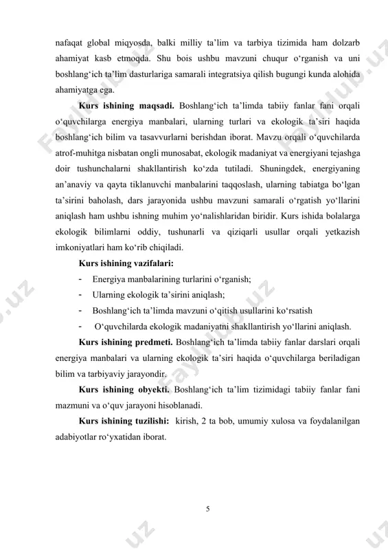 shakllarda namoyon bo‘ladi. eng muhim narsa — energiyadan oqilona foydalanish va uni isrof qilmaslikdir. chunki ba’zi energiya manbalari cheklangan, ya’ni ular tugab qolishi mumkin. shu sababli, insoniyat bugungi kunda energiyaning muqobil, qayta tiklanuvchi va ekologik xavfsiz turlariga e’tibor qaratmoqda. energiya hayotimizning har bir sohasida muhim o‘rin tutadi. uning mavjudligi tufayli inson faoliyati, kundalik turmush, texnika, sanoat va hatto tirik organizmlarning yashashi mumkin bo‘lmoqda. energiya bo‘lmasa, bizning atrof-muhitimizda deyarli hech qanday jarayon sodir bo‘lmaydi. insoniyat taraqqiyoti tarixiga nazar tashlansa, har bir bosqichda energiyaning yangi manbalari ochilgan va bu esa jamiyat rivojiga katta ta’sir ko‘rsatgan. kundalik hayotda eng oddiy faoliyatlardan boshlab murakkab texnologik jarayonlargacha hammasi energiya bilan bog‘liq. masalan, ertalab uyg‘onganimizdan boshlab — chiroq yoqish, choy tayyorlash, suv isitish, telefonni quvvatlantirish kabi ishlar elektr yoki issiqlik energiyasi orqali amalga oshadi. ko‘chaga chiqqach, avtobus, avtomobil yoki velosiped kabi transport vositalari harakatga keladi — bu esa mexanik yoki yoqilg‘i energiyasining ishlatilishidir. sanoatda esa energiya …