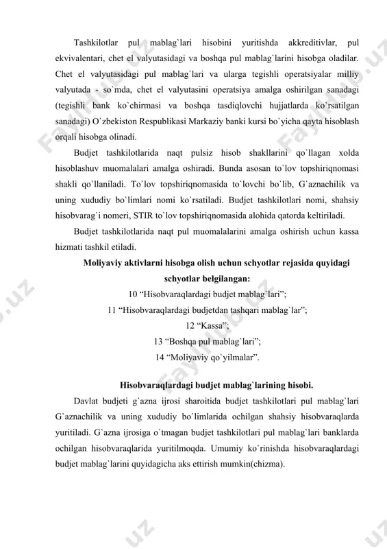 im etiladi; b) xarajatlar smetasi nusxasi, jumladan vaqtinchalik va aniqlangan hamda unga moliya organlarining mansabdor shaxslari tasdiqlagan va moliya organlarining muhri qo`yilgan zarur hujjatlarning ilovalari bilan, zaxira jamg`armasi mablag`lari bo`yicha xarajatlar smetalari nusxalari. bunda, o`rnatilgan tartibda o`zining tasarrufida bo`lgan, yuridik shaxs maqomiga ega bo`lmagan, quyi budjetdan mablag` oluvchilarning xarajatlariga xizmat ko`rsatish va hisobini yuritishni amalga oshiradigan budjetdan mablag` oluvchilar uchun ularning shaxsiy xarajatlarini (shaxsiy xarajatlar smetasi asosida) hisobini yuritish uchun alohida shaxsiy hisobvaraq ochiladi va xizmat ko`rsatiladigan quyi budjetdan mablag` oluvchilar uchun (umumiy xarajatlar smetalari asosida) alohida har bir budjet tasnifining paragrafi bo`yicha shaxsiy hisobvaraqlar ochiladi; v) kapital qurilish ob’ektlari bo`yicha xarajatlarning oylik yoyilmasi, qurilishlarning manzilli ro`yxati (loyiha-tadqiqot ishlarining manzilli ro`yxati) nusxasi, qurilishlarning titul ro`yxati nusxasi (kapital qurilish buyurtmachilari uchun); g) bir nusxada yuqori tashkilot tomonidan yoki notarial tasdiqlangan moliyaviy hujjatlarga imzo qo`yish huquqiga ega bo`lgan tashkilotning mansabdor shaxslarining imzo namunalari va shaxsiy hisobvaraqlar bilan muomalalarni amalga oshirishdagi tashkilotning muhr …