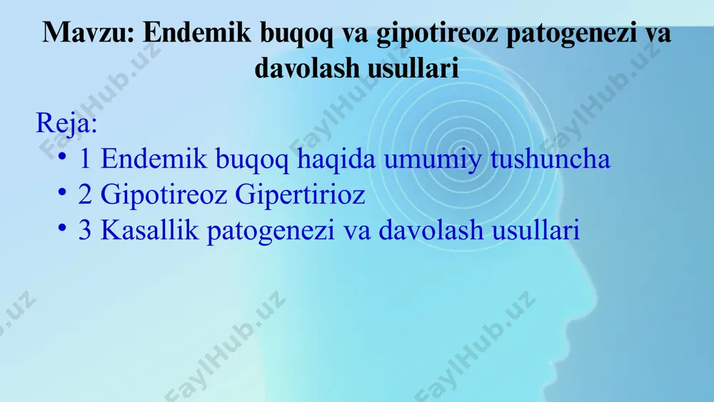 bo’lib qolishadi. ushbu antitanalar qalqonsimon bez faoliyatini ham sustlashtiradi. natijada zaiflik, xotiraning pasayishi, shishlar, tana vaznining ortishi, terining quruqlashishi, sochlarning mo’rtligi, mushak og’riqlari va spazmlar, ich qotishlari kuzatiladi. qalqonsimon bez gormonlarining ahamiyati homilada miyaning rivojlanishini, bolalarda o'qish jarayonida aqliy qobiliyatning rivojlanishini belgilaydi me'yoriy energetik balansni ta'minlaydi oqsil ishlab chiqarishini tezlashtiradi immunitet tizimiga ta'sir qiladi jinsiy qobiliyatning sifatini belgilaydi 1.7.2013 ‹#› gipotireoz endokrin bezi gormonlarini qayta ishlashining genetik kasalliklari (masalan, kretinizm); strumogenik mahsulotlarni iste’mol qilish; dori vositasidan foydalanilgandan keyingi nojo’ya ta’sirlar. gipotireozning alomatlari — soch to’kilishi, terining quruq va oqimtir bo’lishi, tirnoqlarning mo’rtligi, qoshlarning ingichkalashi, ishtahani buzilishi, vazn ortishi. qalqonsimon bez kasalliklarida nutq sekinlashadi, xotira yomonlashadi, deyarli doimiy uyquchanlik mavjud, hayz sikli buziladi. bunday holatda, ushbu barcha belgilar mavjud bo’lishi kuzatilmasligi mumkin, 2-3 ta belgilar mavjud, biroq ular yanada aniqroq seziladi. greyvs kasalligi deb ataladigan diffuz (tarqoq) tipdagi toksik bo’qoq; tireoidit (faol yallig’lanish jarayonlari); qalqonsimon bez onkologiyasi. gipertireoz — qalqonsimon bez …
