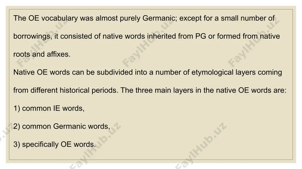 ome of the words did not occur in all the germanic languages, some words are attested only in west and north germanic languages, some in north and east germanic languages. let’s look at some examples: oe biddan (to ask, implore); ohg bitten; on biðja; gt bidjan. oe ze-byrd (birth); ohg geburt; on byrð, byrðr; gt gabaurþs. oe cicen (chicken); low german küken (küchlein); on kiuklingr. oe fyllan (to fill); ohg füllen; on fylla; gt fulljan. oe findan (to find); ohg finten; on finna; gt finþan. oe flǽsk (flesh); ohg flisch; on flesk (pork). the third etymological layer of native words can be defined as specifically old english, these are words which do not occur in other germanic or non-germanic languages. these words are few, e.g.: oe clipian ’call’, oe brid_{ne bird) and several others. however, they are far more numerous if we include in this layer oe compounds and derived …