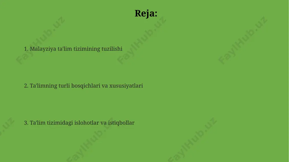 a borib 50% ga yetishi va "virtual maktab" konsepsiyasi jadal rivojlanishi kutilmoqda. kelajakdagi ta'lim tizimida stem (fan, texnologiya, muhandislik va matematika) sohalariga 70% gacha urg'u berilishi va bu sohalardagi malakali mutaxassislar sonini 2030 yilga kelib ikki barobar oshirish rejalashtirilgan. kasb-hunar ta'limi va o'qitishning yangi modellari joriy etilib, 2028 yilga qadar 30% ga yaqin bitiruvchilarning o'z biznesini ochishi yoki innovatsion loyihalarda ishtirok etishiga erishish maqsad qilingan. ta'limda texnologiyalardan foydalanish virtual haqiqat (vr) texnologiyalaridan foydalanish, ayniqsa, fan va texnologiya fanlarida, amaliy tajribalar sonini 2 baravarga oshirdi va o'quvchilarning mavzuga bo'lgan qiziqishini kuchaytirdi. ta'limda onlayn platformalar, masalan, google classroom yoki moodle orqali o'quv materiallari va topshiriqlarni tarqatish 2020 yildan keyin 30% ga oshdi, bu esa o'qituvchilar va o'quvchilar o'rtasidagi samarali aloqani ta'minladi. malayziyadagi maktablarda o'quv jarayoniga qo'shilgan 1000 dan ortiq interfaol o'quv dasturlari va simulyatorlari o'quvchilarning bilim olish darajasini 15% ga oshirdi. malayziya ta'lim tizimining umumiy ko'rinishi malayziya ta'lim tizimi 6 yillik boshlangʻich …